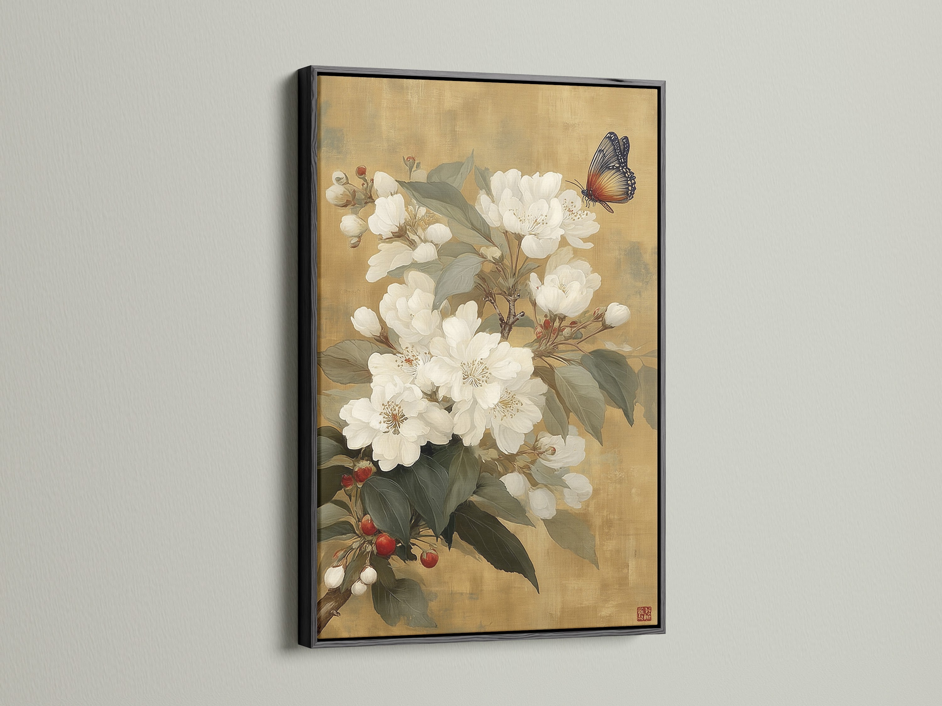 Butterfly canvas art set in a sleek black frame. This oriental art print adds a touch of sophistication to any space. Ideal for bedroom wall art or living room decor. The black frame provides a striking contrast to the white flowers in this traditional artwork.