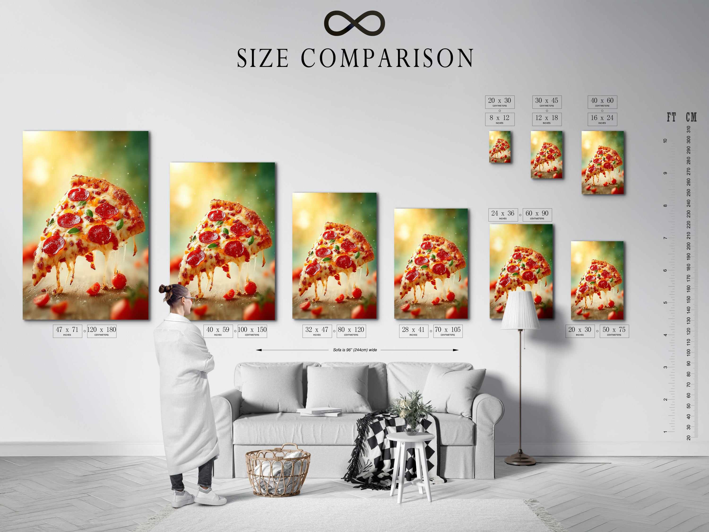 This size comparison chart is displayed in an interior setting. It helps visualize how different print sizes of the pizza artwork will look in your space. Choose the perfect size for your kitchen dining room or restaurant. This guide ensures you find the ideal fit for your decor needs.