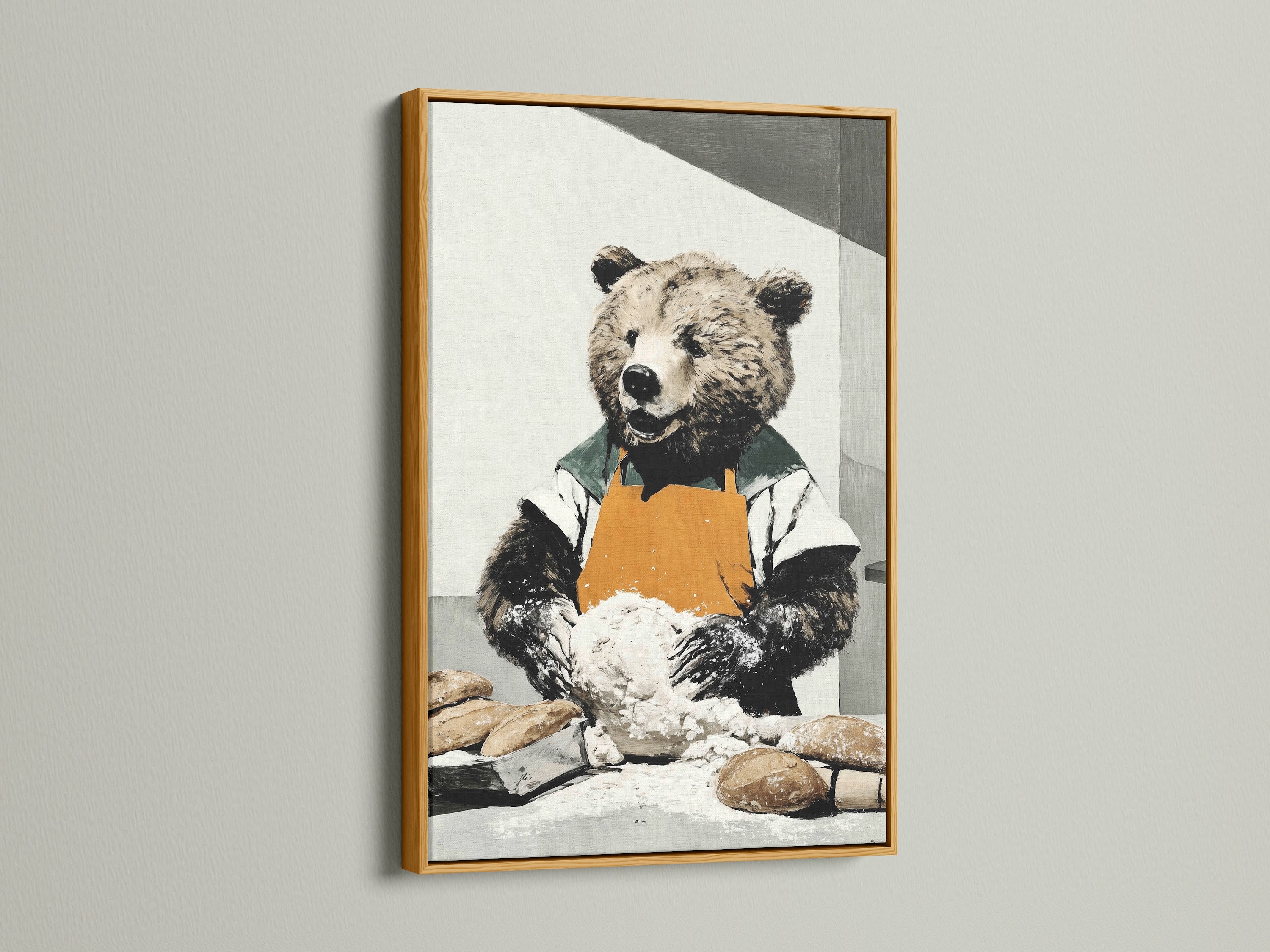 The bear baker artwork shines in a gold frame. The gold frame adds a luxurious touch to this animal artwork. Elevate your kitchen decor. It makes a statement in your dining room. Explore our bakery art gift selection today.