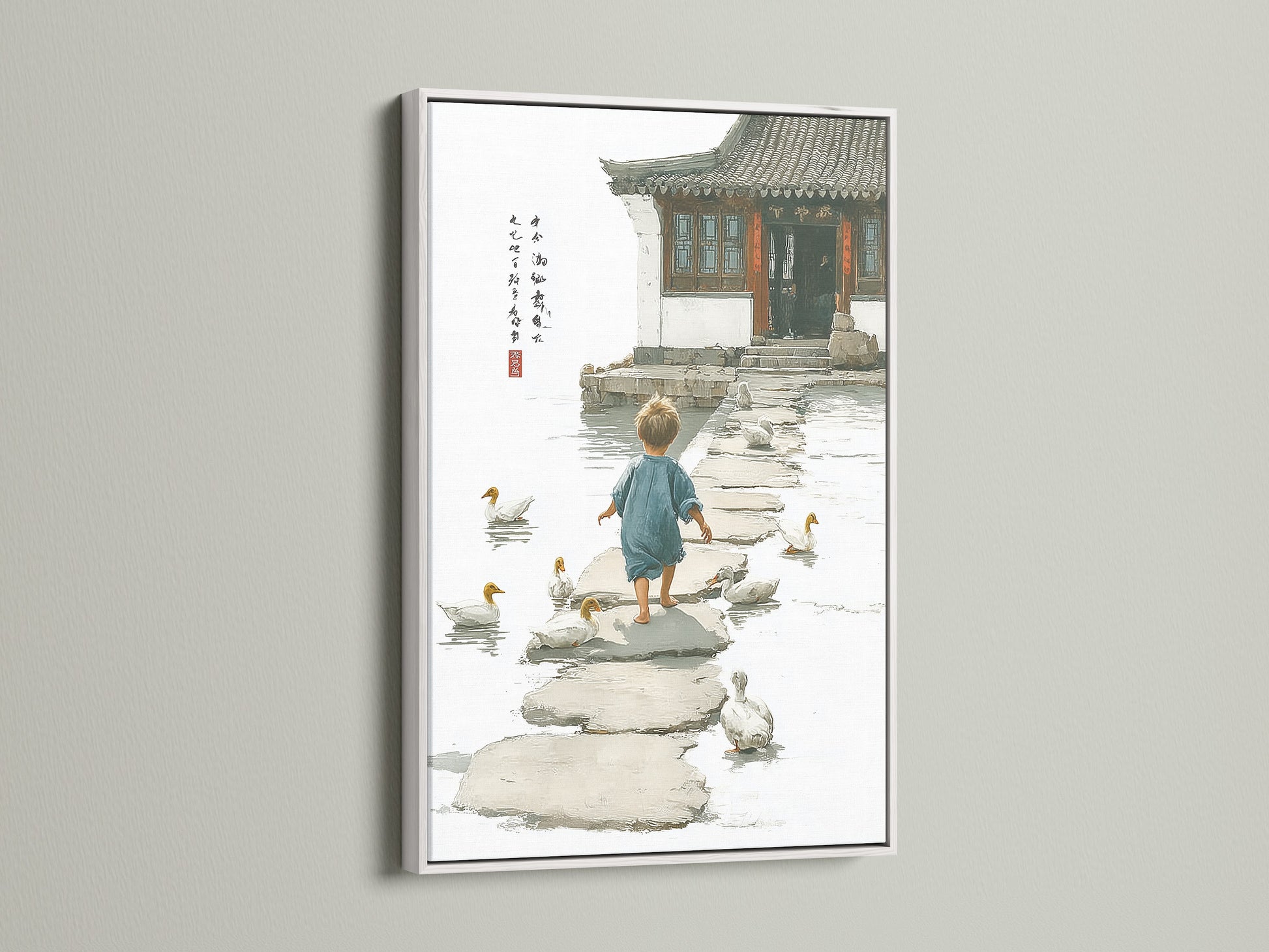 A clean white frame highlights a delightful artwork. The artwork features a child walking among ducks on stepping stones. The white frame offers a modern and fresh look. This framed art is perfect for minimalist interiors. It brings a touch of elegance and simplicity.