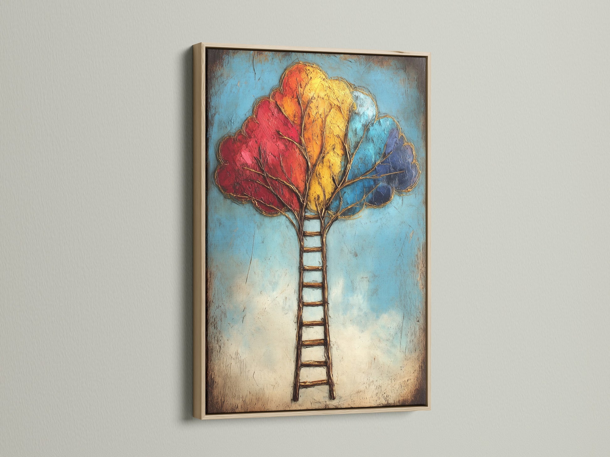 The Colorful Ladder Tree Art is showcased in an oak frame. This abstract canvas print brings a touch of nature indoors. The tree of life art symbolizes growth and success. Perfect wall decor for living rooms bedrooms and offices.