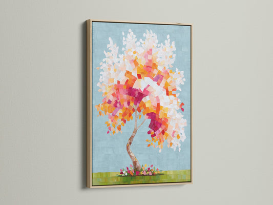 A vibrant mosaic wall art piece is framed in oak. The colorful tree artwork brings nature indoors. This abstract tree print uses a rainbow of colors. It's ideal for adding a contemporary touch to any room. Enhance your space with this modern nature art.