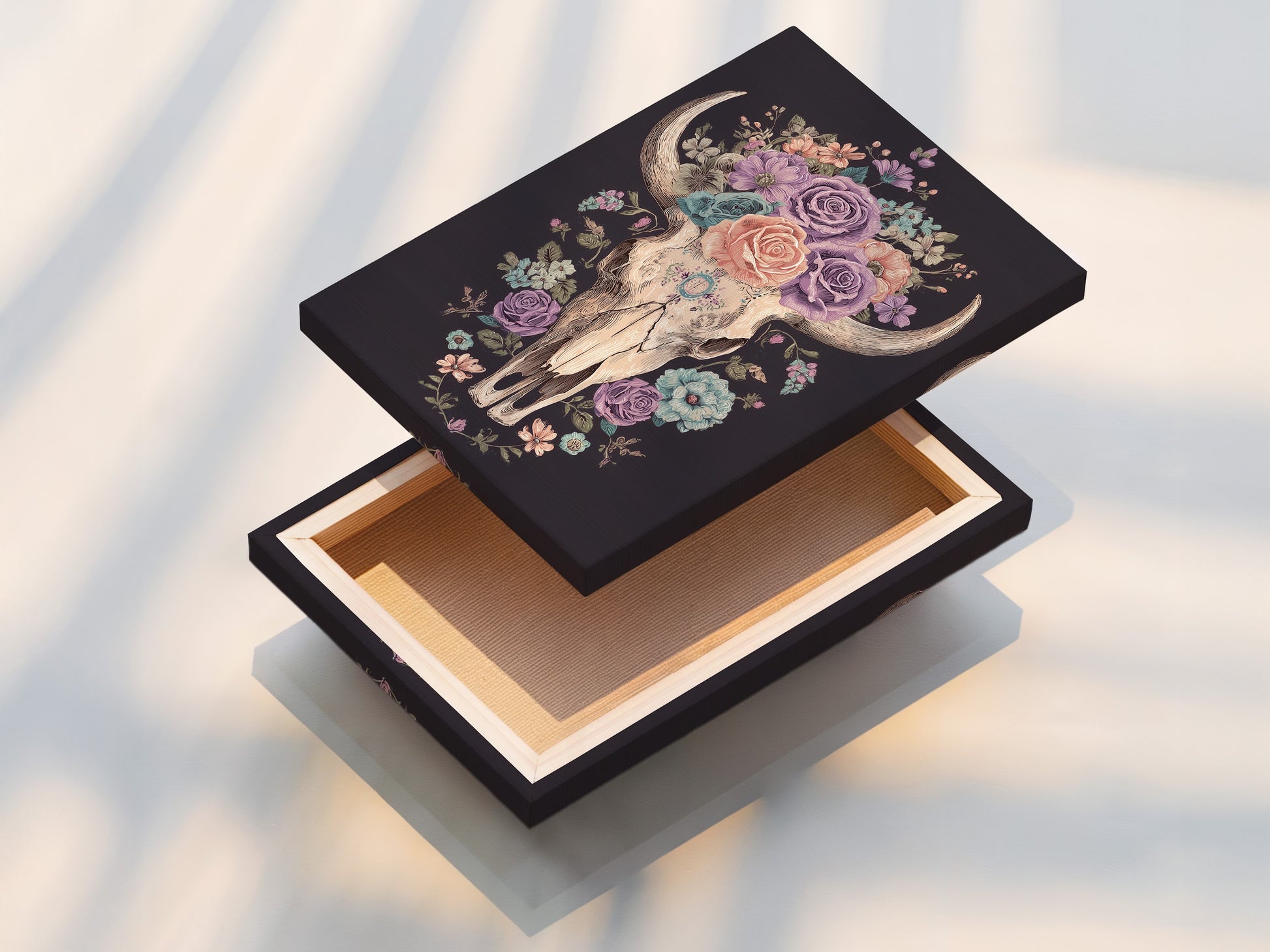 A stretched canvas print ready to hang. The canvas is stretched tightly over a wooden frame. The artwork looks vibrant and detailed. This stretched canvas print is a perfect addition to any art collection. It is durable and long-lasting.