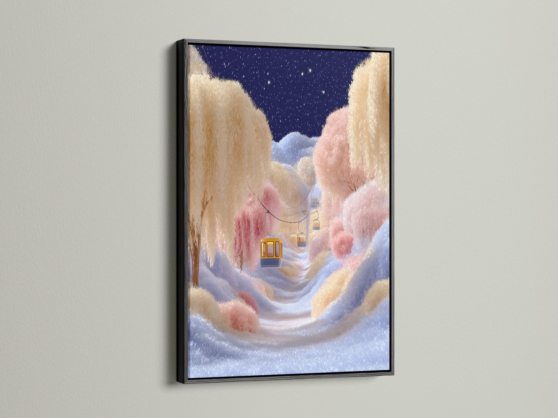 Dreamy Cloud Landscape Art in a black frame. This striking contrast makes the colors pop. It's ideal as bedroom art or living room art. The frame adds a modern touch to this sky canvas.
