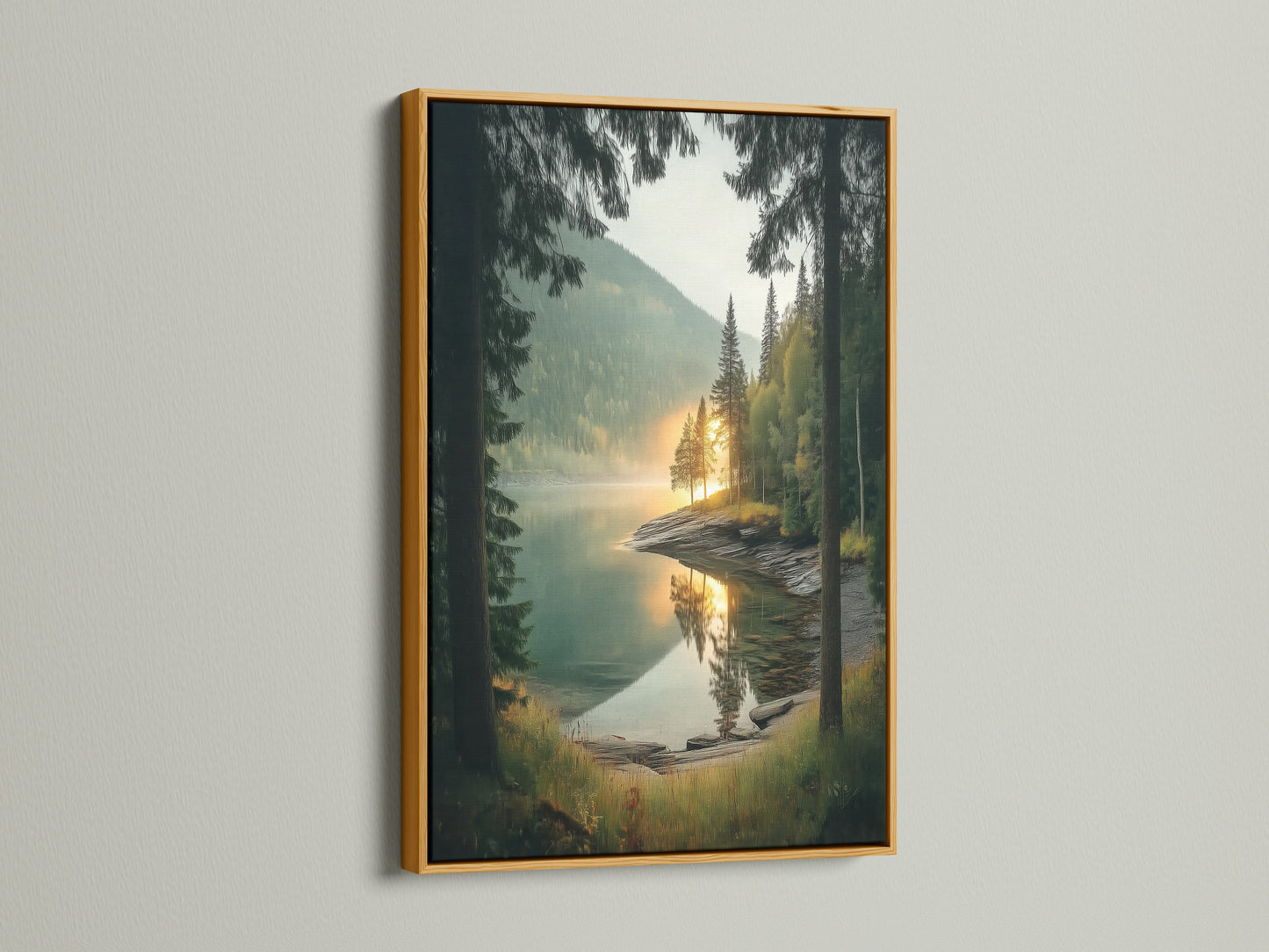 Elevate your art with a gold frame enhancing its elegance.  A gold frame brings a touch of luxury. Ideal for serene forest wall art and mountain lake photography prints.
