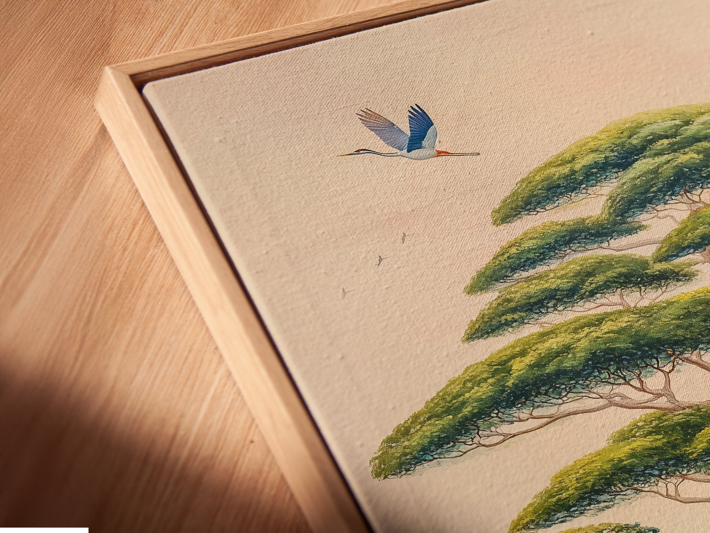 A close-up of a canvas print featuring a Japanese Bonsai Tree House in a floating frame. This zen wall artwork enhances any contemporary space. Perfect for meditation rooms and nurseries. Discover the beauty of nature-inspired wall artwork.
