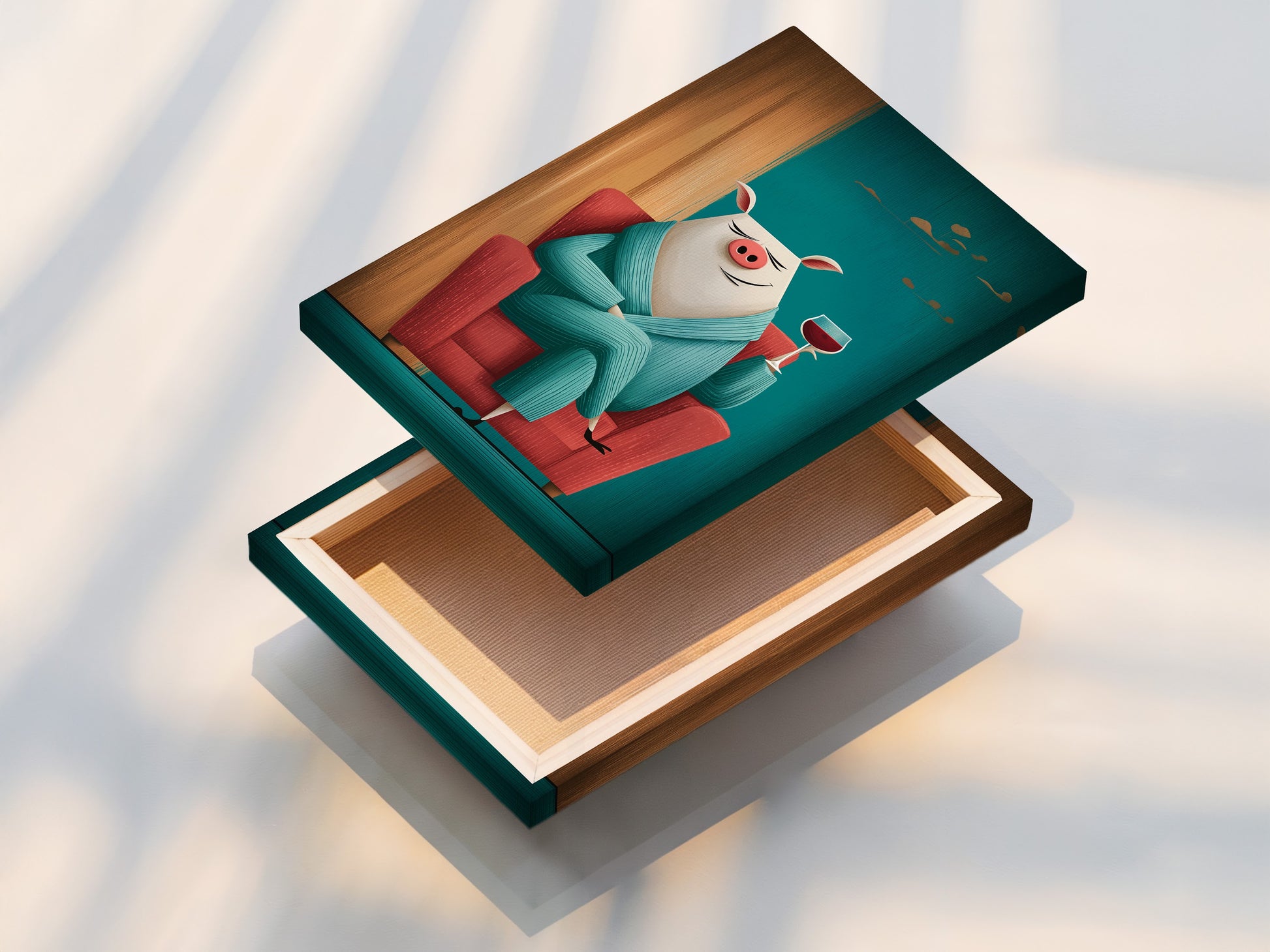 This stretched canvas print of a teal pig art print is ready to hang. The funny animal wall art features a pig enjoying wine. It is a great piece of kitchen wall decor. The stretched canvas provides a gallery-ready look. Consider this whimsical animal artwork today.