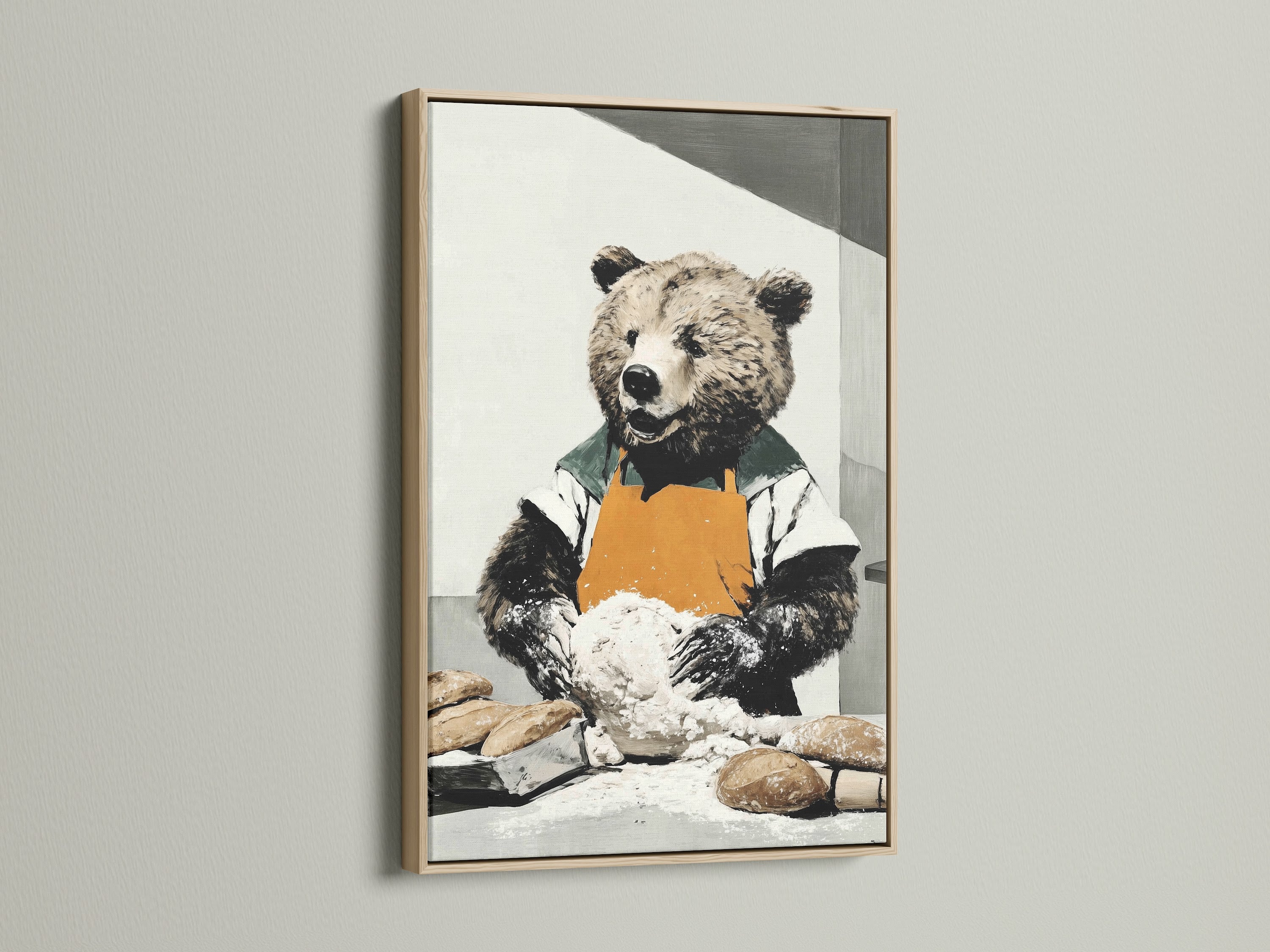 The bear baker artwork is beautifully framed in oak. The oak frame enhances the rustic style of the artwork. Perfect for kitchen decor. It brings a warm and inviting atmosphere to your dining room. Shop this whimsical animal art today.