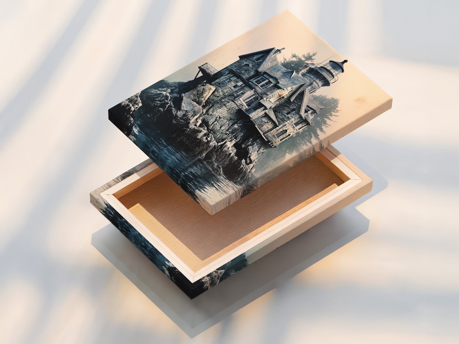 This is a stretched canvas print featuring a lighthouse. The artwork showcases coastal architecture and an ocean view. The stretched canvas provides a gallery-ready look. Perfect for adding a touch of nautical charm to your walls.