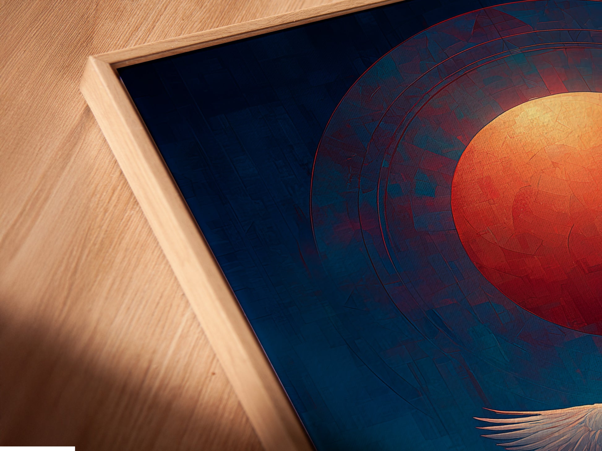 A close-up of a canvas print in a floating frame shows the texture and depth of the spiritual artwork. The eagle soars above a mountain sunset. This bird wall decor adds a contemporary touch to any room. Perfect for creating a focal point in your living space