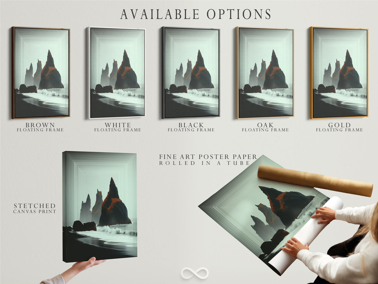 Available options for Iceland Black Sand Beach artwork include stretched canvas print fine art poster paper and floating frame. Choose the perfect style for your space. Minimalist nature art for any room in your home.