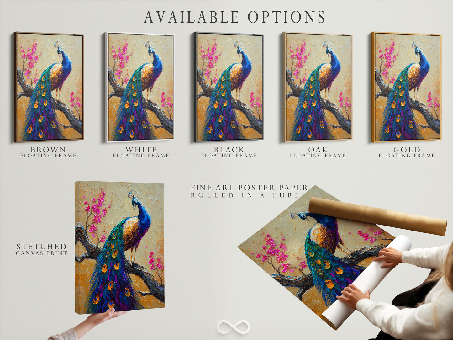 Available options include a stretched canvas print fine art poster paper and a floating frame. All options showcase the peacock artwork. Customers can choose the format that best fits their style and budget. Each option enhances the artwork.