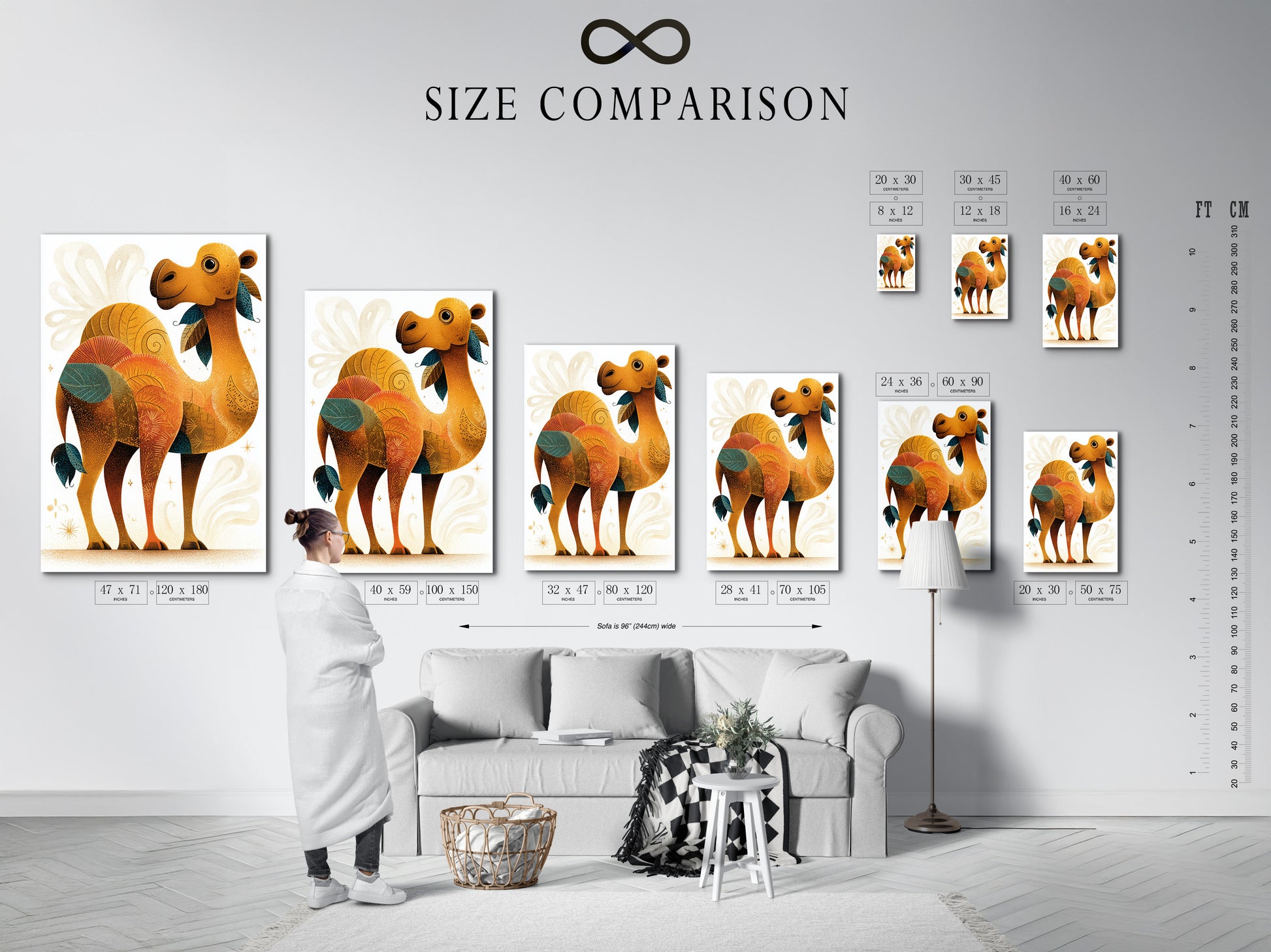 A size comparison chart displayed in a room interior. Visualize the different sizes of artwork before you buy. Choose the perfect size for your space with our helpful size chart. Make informed decisions.