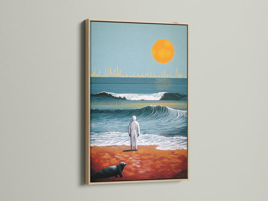 A serene ocean sunset artwork. The oak frame enhances the vintage beach scene. This wave illustration brings a touch of coastal charm. Ideal for bedroom wall decor or any space seeking nautical wall art