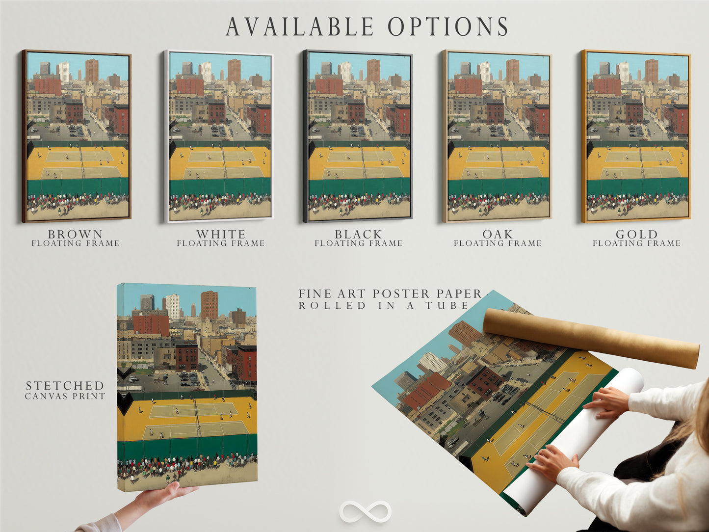Available options for the Urban Tennis Court artwork are showcased. Choose from stretched canvas prints fine art poster paper or floating frames. Customize this city sports print to fit your style. Elevate your space.