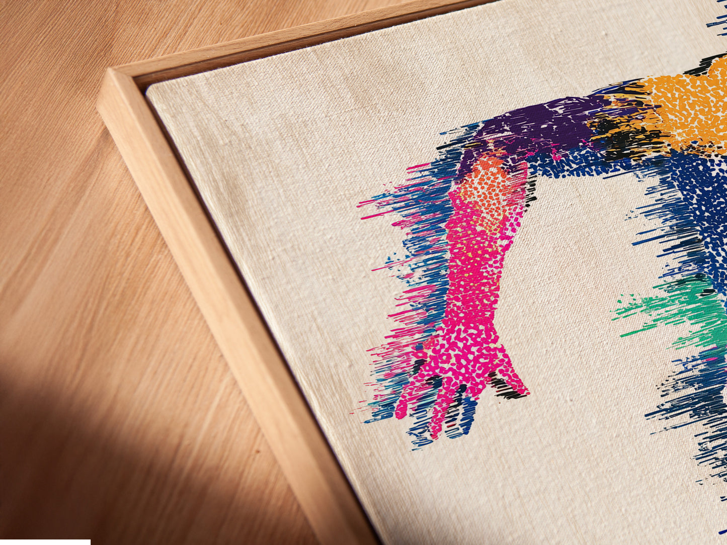 Angled close-up of a canvas print in a floating frame. The artwork showcases a colorful abstract figure of a runner. The floating frame gives a modern and gallery-like feel. The art seems to float on the wall. It adds depth and sophistication.
