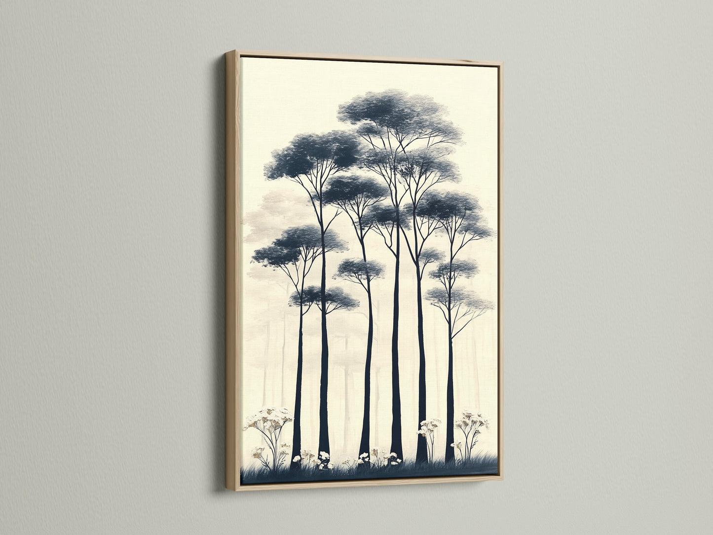 Enhance your home with nature artwork. This forest trees canvas print is framed in oak. The minimalist artwork adds a touch of nature. The neutral tones blend seamlessly with any decor. Ideal for living rooms bedrooms and hallways. A perfect Scandi-inspired accent.