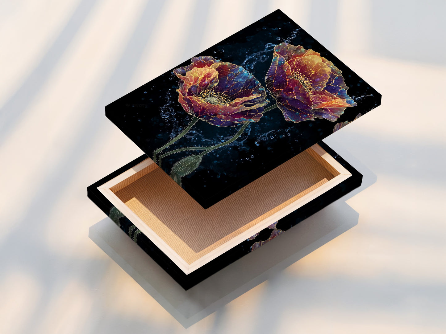 A stretched canvas print displays a captivating floral poppy artwork. The canvas texture enhances the artwork's depth and visual appeal. Ideal for creating a statement piece in your living room or office. Discover our stretched canvas prints and elevate your wall decor.