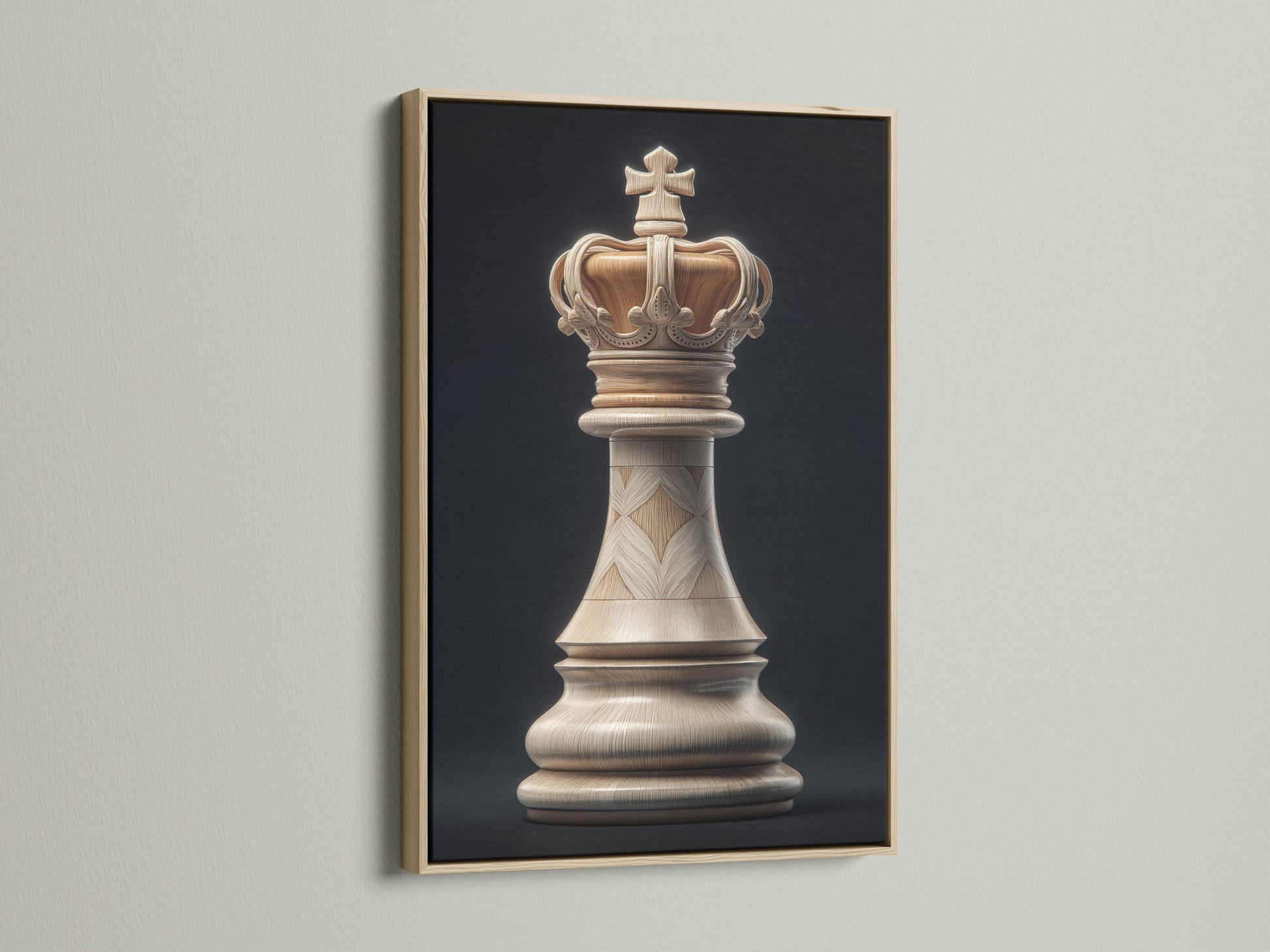 A captivating artwork is framed in oak. The artwork features a chess king piece. The oak frame enhances the artwork's visual appeal. It blends seamlessly with the surrounding decor adding warmth to the room.