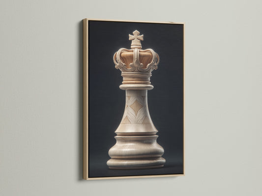 A captivating artwork is framed in oak. The artwork features a chess king piece. The oak frame enhances the artwork's visual appeal. It blends seamlessly with the surrounding decor adding warmth to the room.