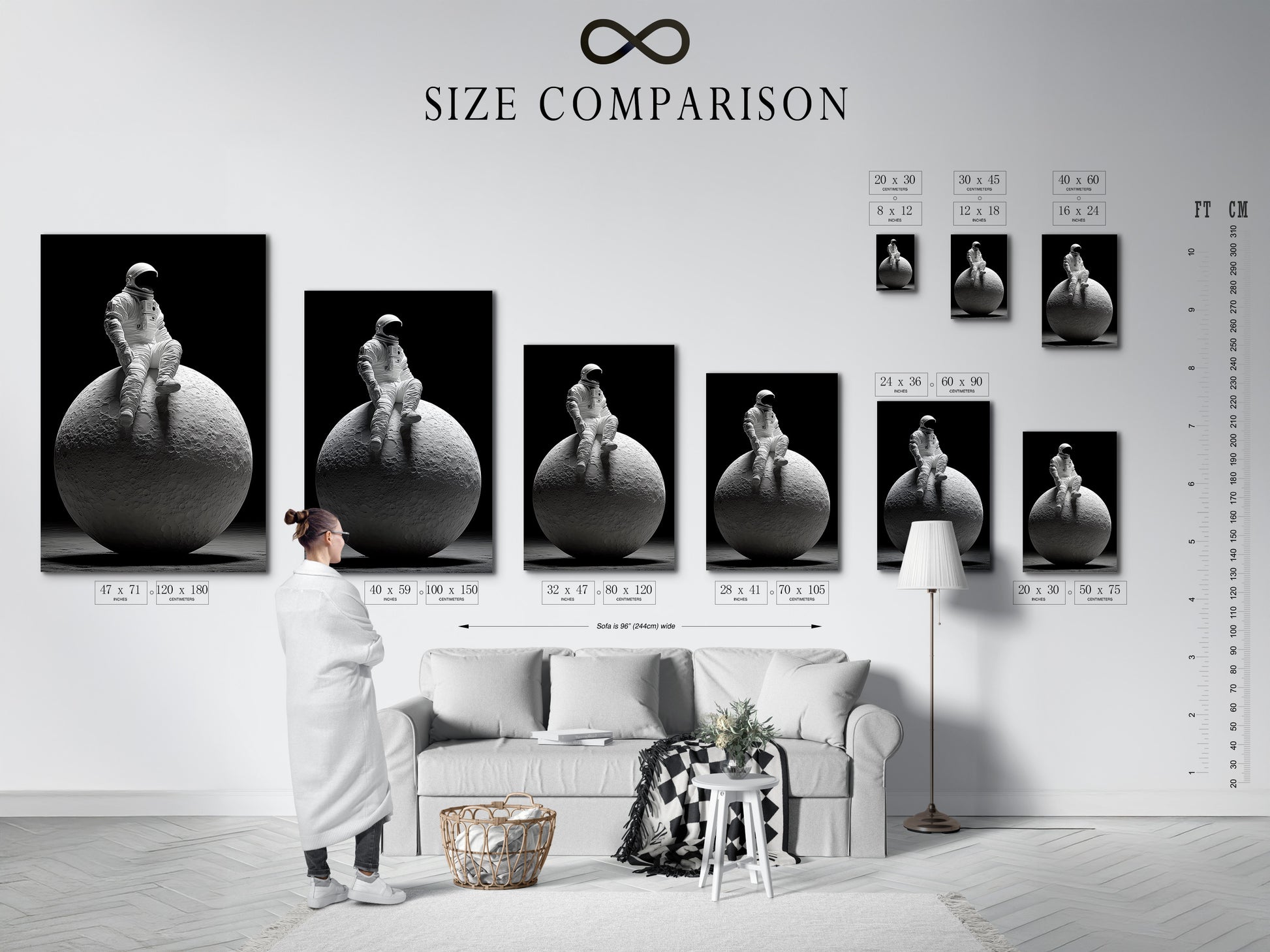 An interior setting displays a size comparison chart. This chart helps you visualize the different sizes of available artworks. It allows you to choose the perfect size for your space. Make an informed decision when selecting your art.