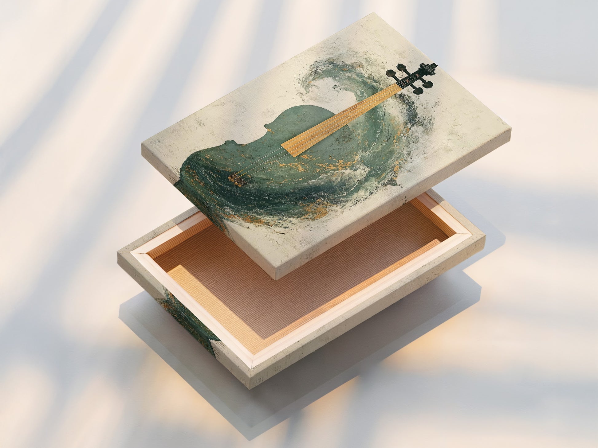 A stretched canvas print of the Abstract Violin Artwork is displayed. The teal and gold canvas is ready to hang and enjoy. This modern musical wall art adds a vibrant touch to any room. Ideal for living rooms bedrooms or music studios seeking a contemporary aesthetic.