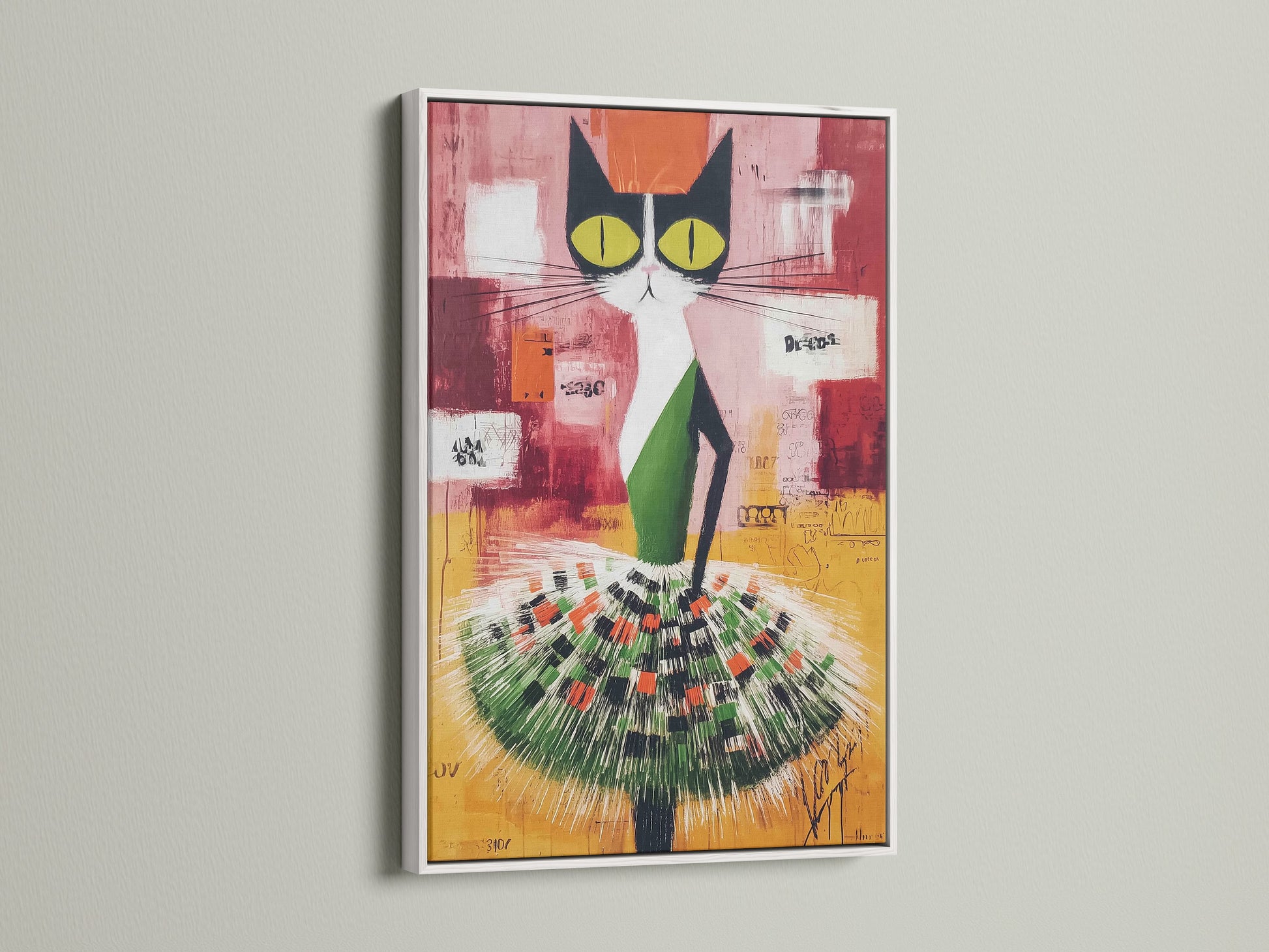 This is a vibrant Abstract Cat art print showcased in a white frame. The colorful animal poster is a modern piece of folk art. The primary color is green with orange secondary colors. It is perfect for brightening up a kids' room or nursery.