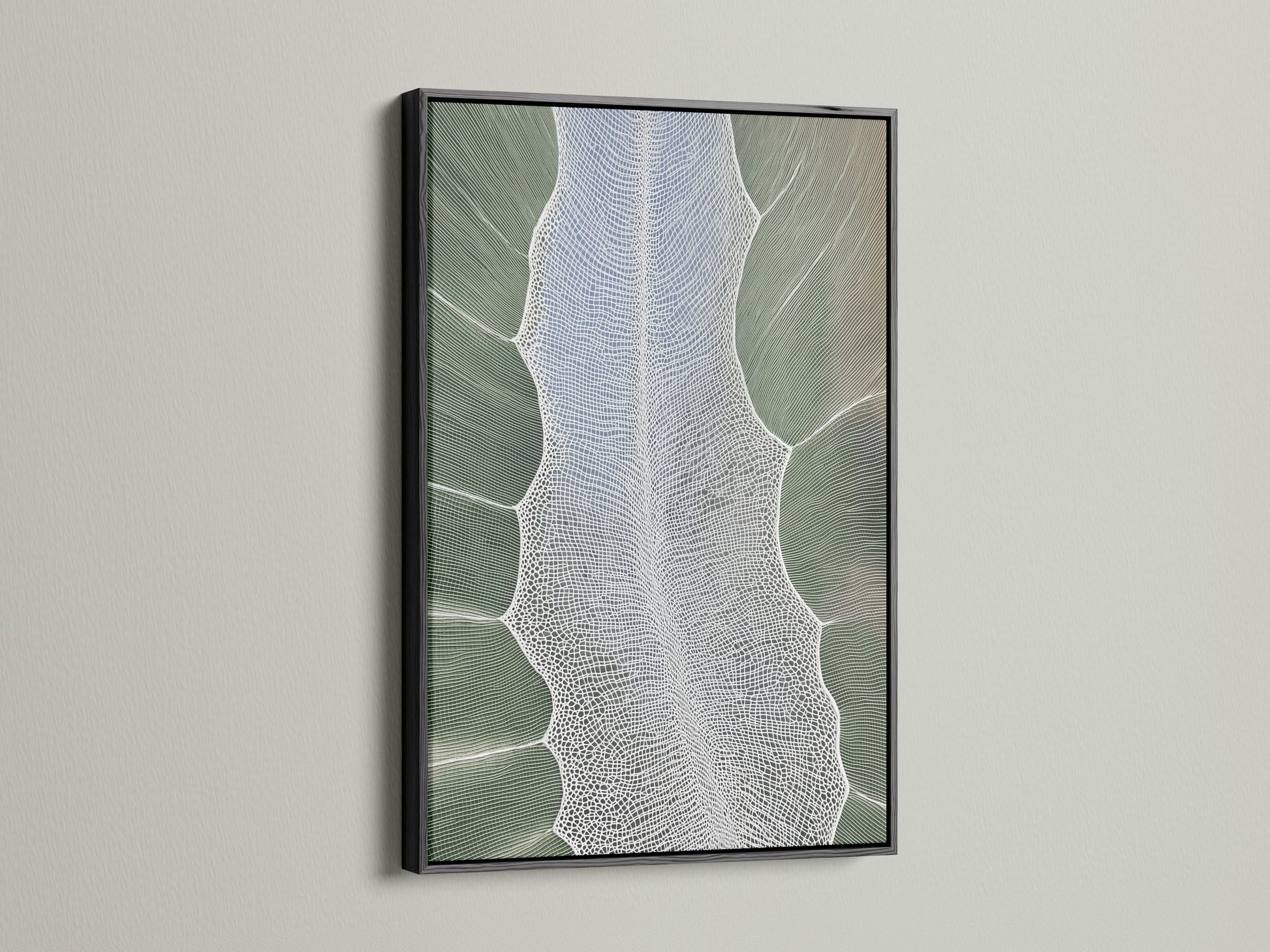 A black frame features modern botanical artwork. The artwork displays a sage green color. The wall art enhances living rooms bedrooms and offices. The art is perfect for wellness spaces.