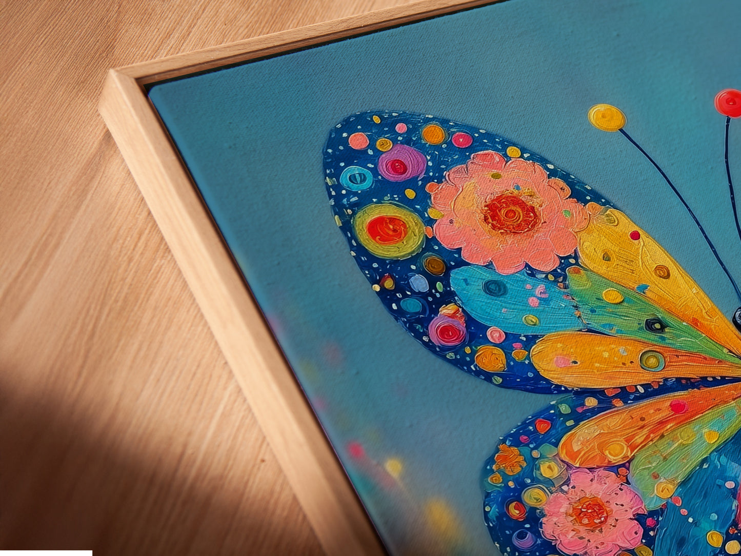 A close-up of the Butterfly Canvas Print in a floating frame. The colorful floral wall art is eye-catching. It is a whimsical piece for any space. The vibrant colors bring life to the artwork.