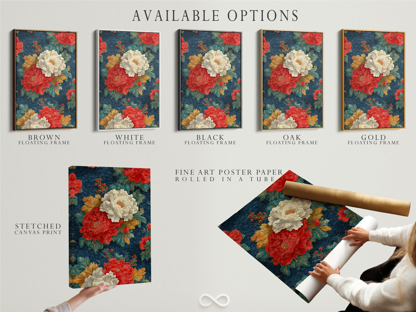 Japanese Floral Wall Art - Navy Blue Peony Canvas Print, Oriental Botanical Art for Living Room Decor