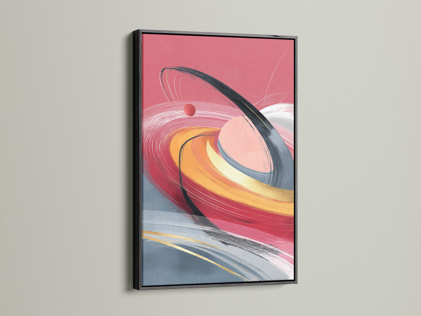 Abstract swirl art in a sleek black frame. Contemporary motion print with coral pink and gold. This dynamic art print suits modern home decor. Perfect for adding a touch of elegance to your bedroom or workspace.