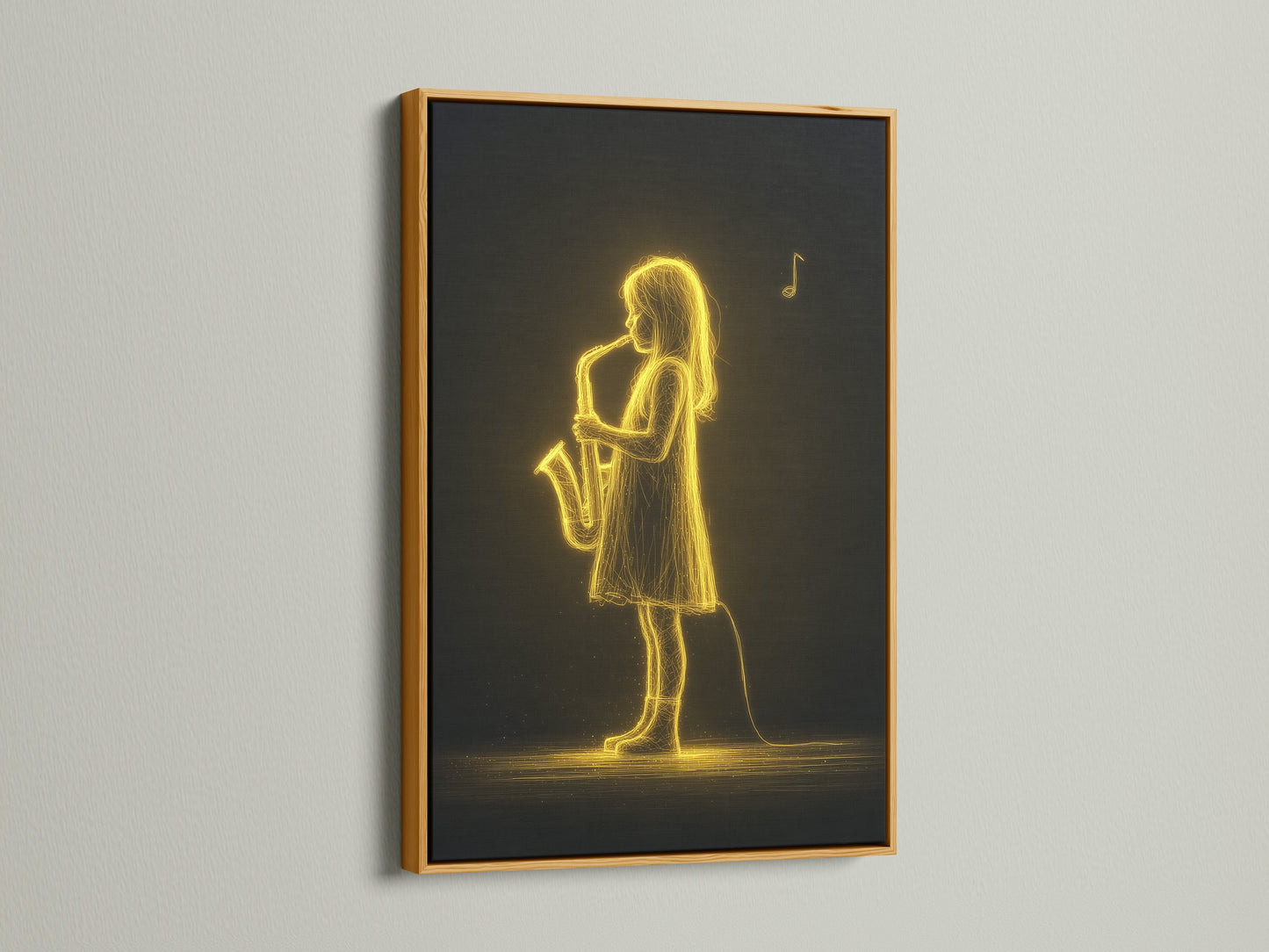 See the Saxophone Player Art Print in a luxurious gold frame. The golden frame amplifies the neon wall art's radiant glow. This is ideal for adding a touch of elegance. Perfect as a music lover gift