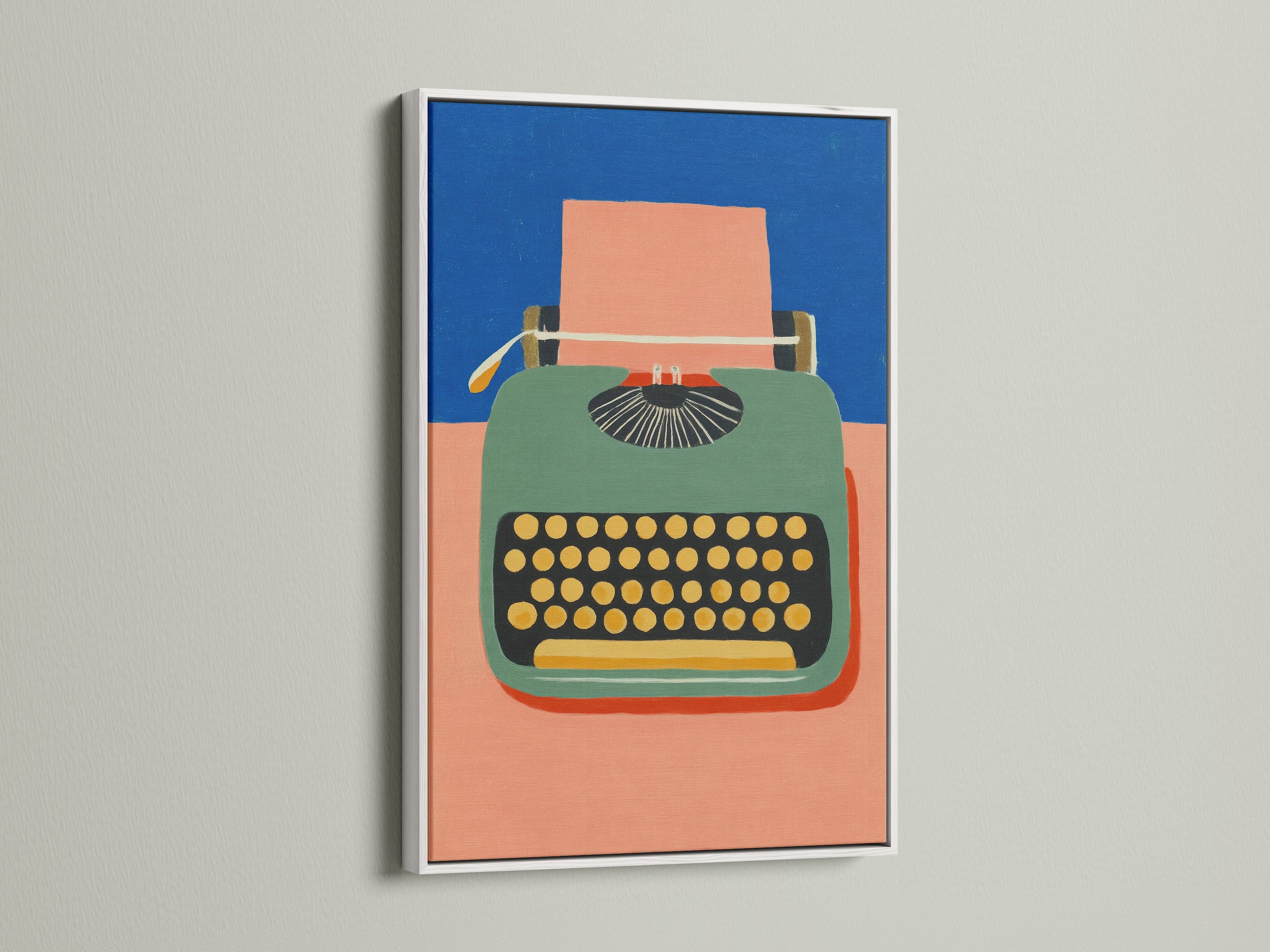View our typewriter art in a clean white frame. This fine art print adds a fresh touch to any space. The white frame complements the mid-century style. Ideal for home office wall art or library decor. Secondary color is blue.