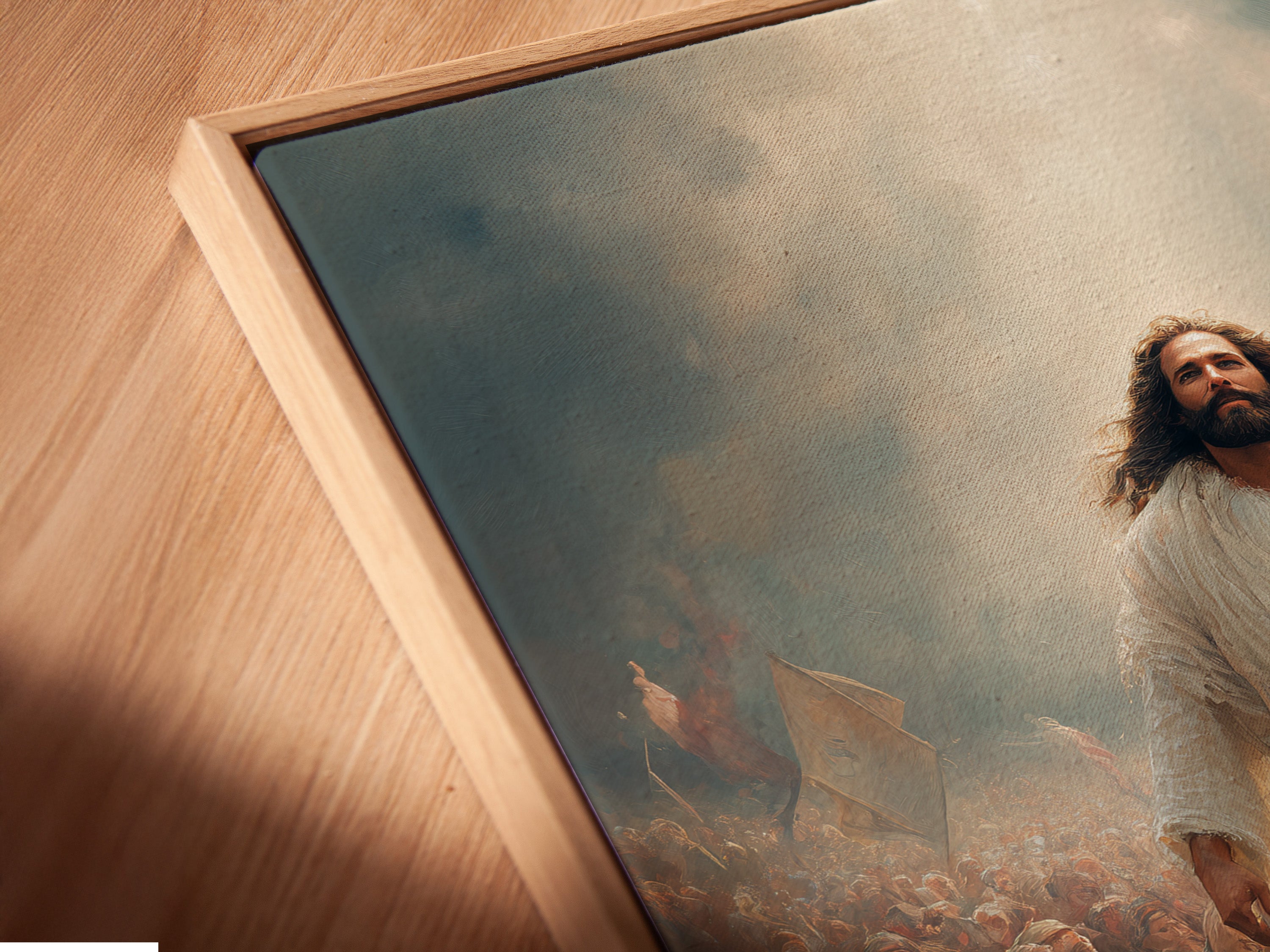 Get a close-up view of this canvas print in a floating frame. The artwork adds a modern touch. This religious decor enhances any space. A faith canvas print that appears to float. Perfect for church office art or Christian home decor. Experience spiritual artwork.