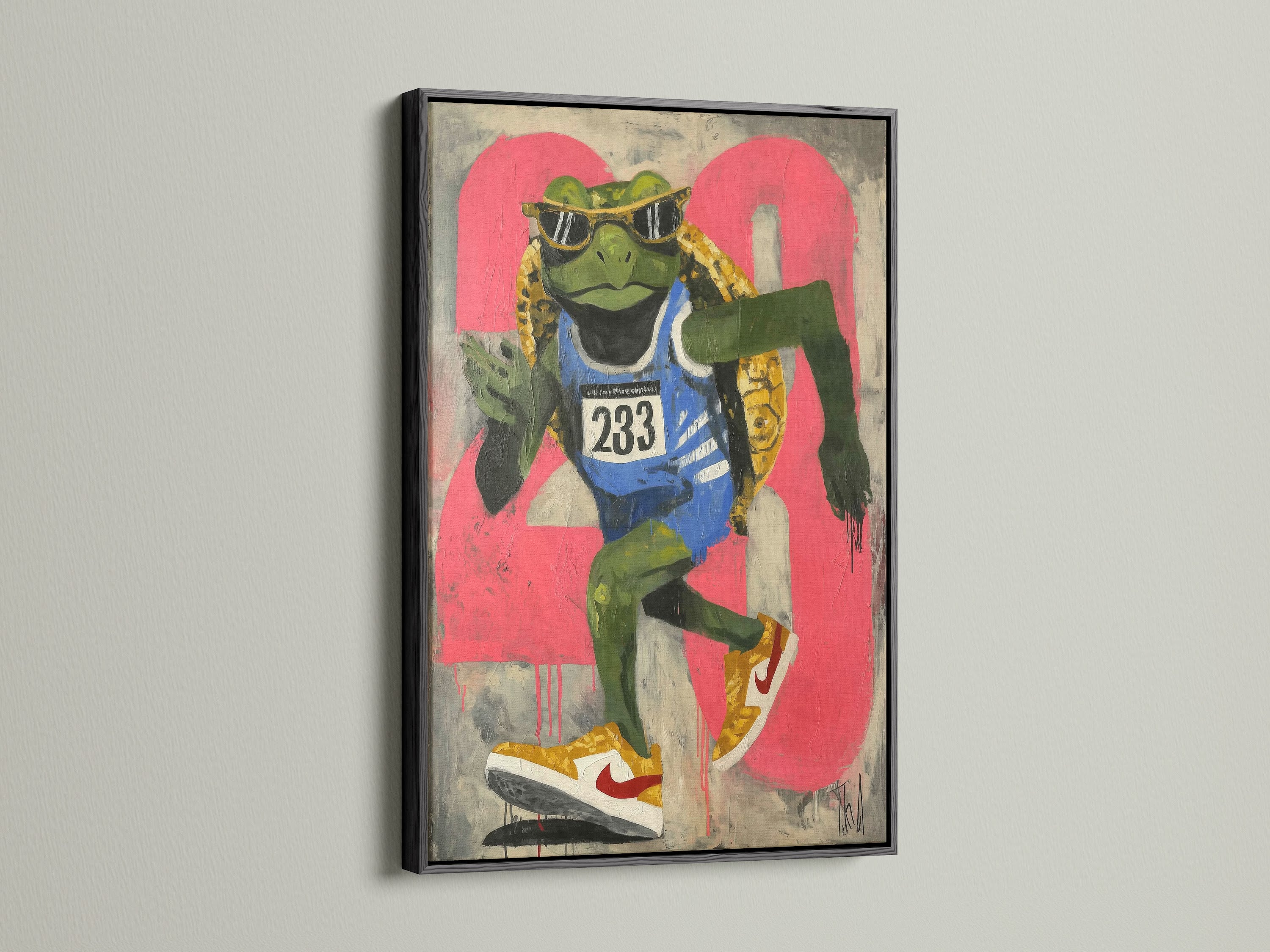 The black frame highlights the graffiti style art. The frog runner artwork is a motivational piece. It is great for sports-themed rooms. This urban wall art suits contemporary styles. It is ideal for those seeking distinctive sports wall decor. The available frame options make it versatile.