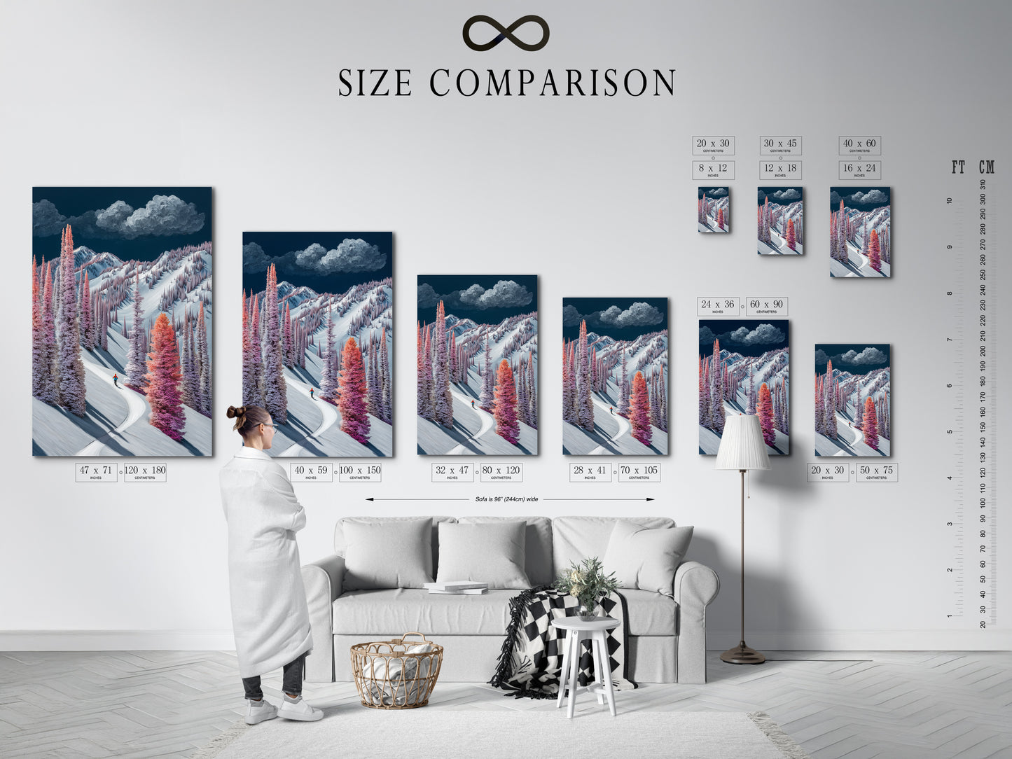 A size comparison chart in an interior setting. This chart shows how the Winter Mountain Canvas Print fits. See the snowy trees wall art in different sizes. Visualize the pastel landscape painting in your space. Plan your home wall decor with ease