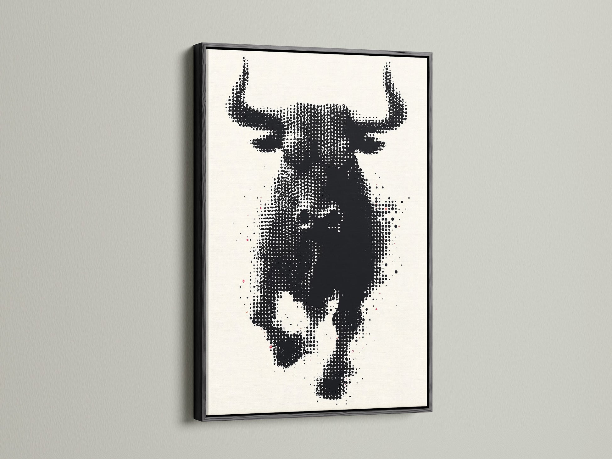 The bull artwork is showcased in a sleek black frame. The high contrast creates a bold statement. This animal canvas print is ideal for modern and industrial spaces. The black frame adds a touch of sophistication. Perfect for creating a focal point in your living room or office. This halftone art print is a must-have.