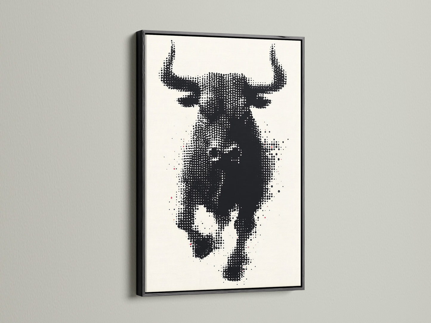 The bull artwork is showcased in a sleek black frame. The high contrast creates a bold statement. This animal canvas print is ideal for modern and industrial spaces. The black frame adds a touch of sophistication. Perfect for creating a focal point in your living room or office. This halftone art print is a must-have.