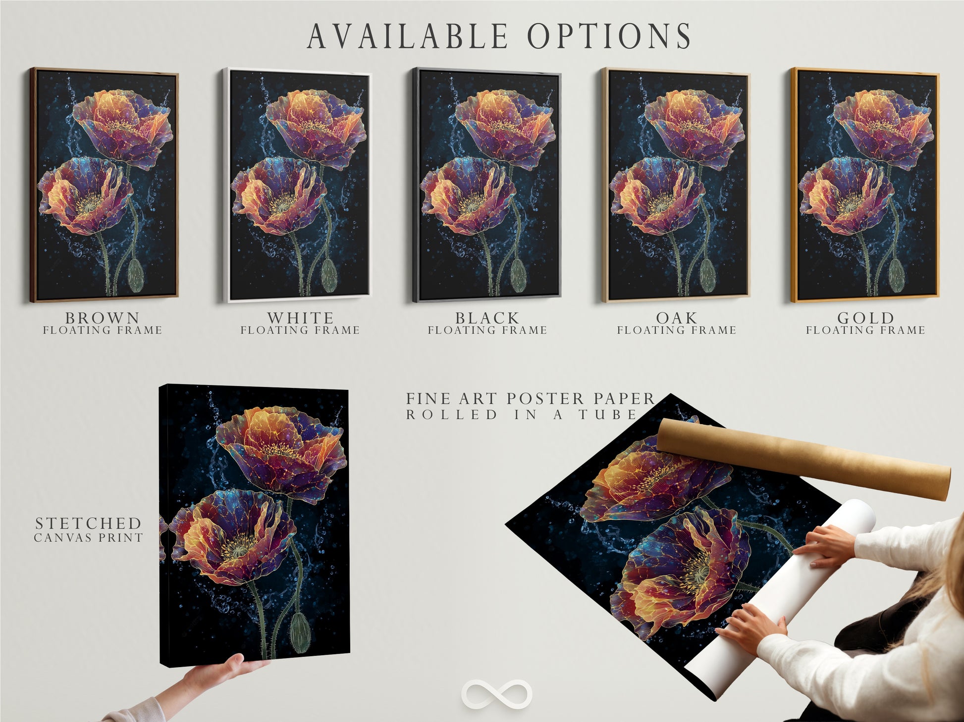 Explore available options for floral poppy artwork including stretched canvas prints fine art poster paper and floating frames. Each option offers a unique way to showcase this botanical print. Perfect for dark academia gothic and modern decor styles. Discover the possibilities and create your perfect piece.