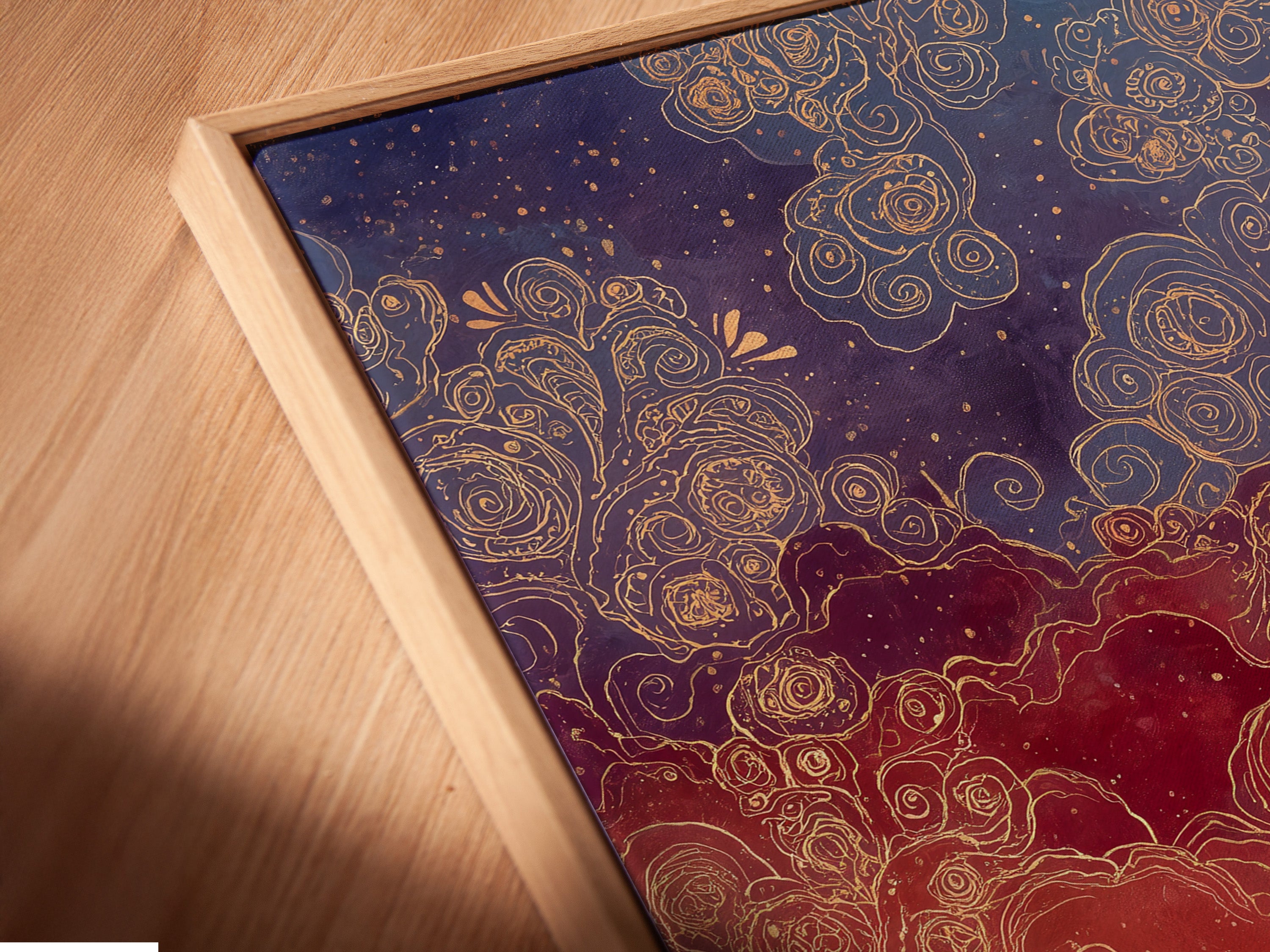 A close-up of a canvas print in a floating frame. The artwork features a dreamy seascape. The floating frame adds a modern touch. This coastal artwork enhances any room. Perfect for adding a touch of the beach to your home. The sunset print is a beautiful focal point.