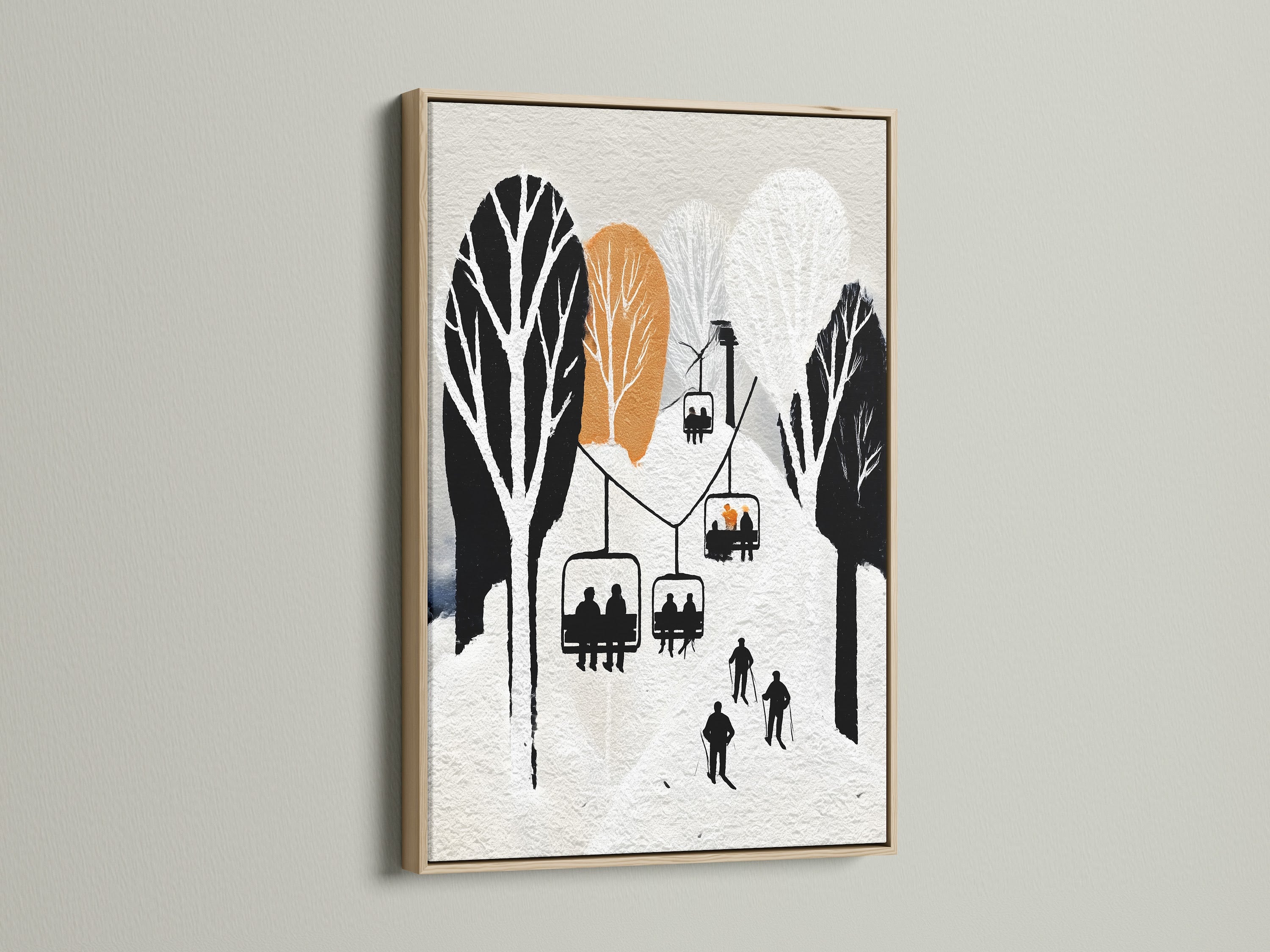 This image features a ski lift artwork framed in oak. This winter wall art evokes a vintage ski resort poster feel ideal for cabin decor. The snowy alpine artwork complements lodge styles. Add minimalist mountain canvas to living rooms bedrooms or ski chalets.