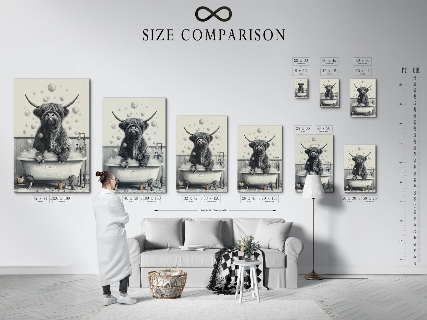 A size comparison chart is displayed in an interior setting. The chart showcases various sizes of the Highland Cow in Tub artwork. This black and white animal canvas art is available in multiple sizes. It is perfect for any space.