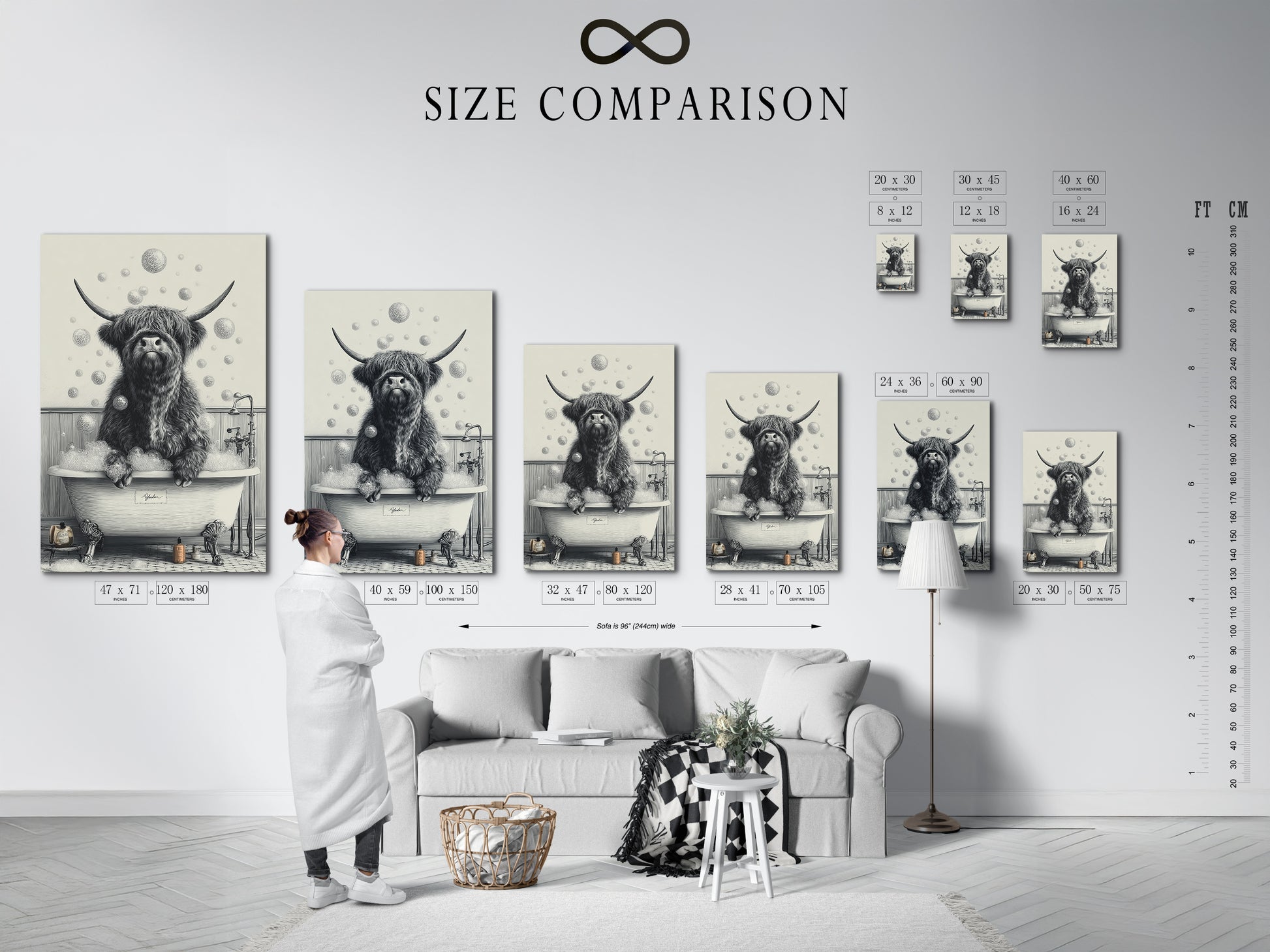 A size comparison chart is displayed in an interior setting. The chart showcases various sizes of the Highland Cow in Tub artwork. This black and white animal canvas art is available in multiple sizes. It is perfect for any space.