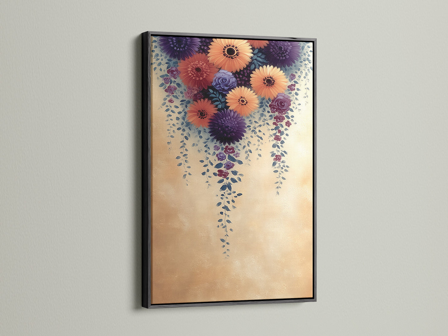 The Floral Cascade Canvas Print is encased in a sleek black frame. A striking contrast that highlights the beauty of the purple and peach flower artwork. A bold botanical statement for modern spaces. Perfect for offices studios and boutiques