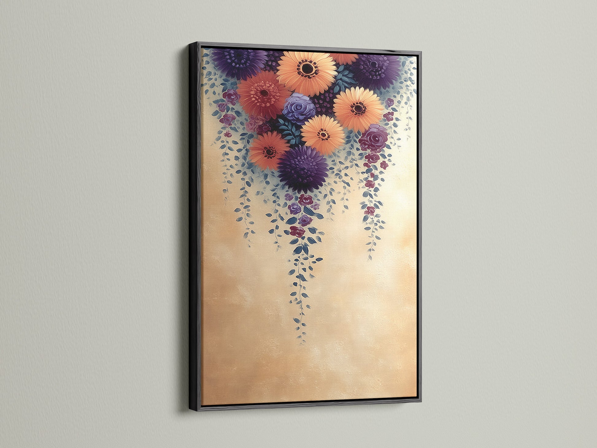 The Floral Cascade Canvas Print is encased in a sleek black frame. A striking contrast that highlights the beauty of the purple and peach flower artwork. A bold botanical statement for modern spaces. Perfect for offices studios and boutiques