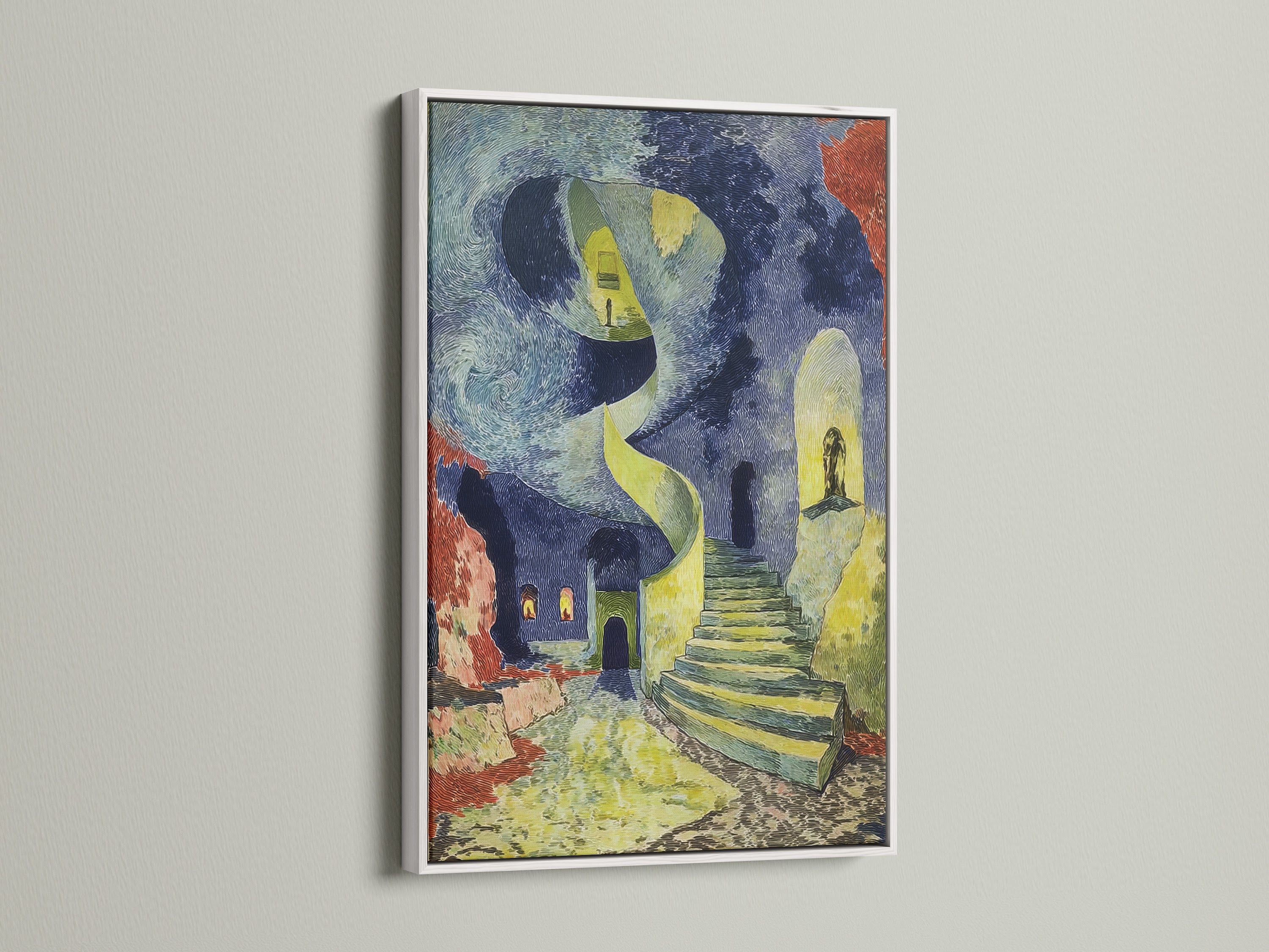 A white frame showcases this surreal staircase art. The artwork is in a Van Gogh style. The print is a dreamlike architectural poster. The art nouveau style is prominent with blue and yellow hues. It's a striking piece for hallways or unique office spaces. This artwork adds a touch of fantasy to any room. Perfect for homeowners and renters.