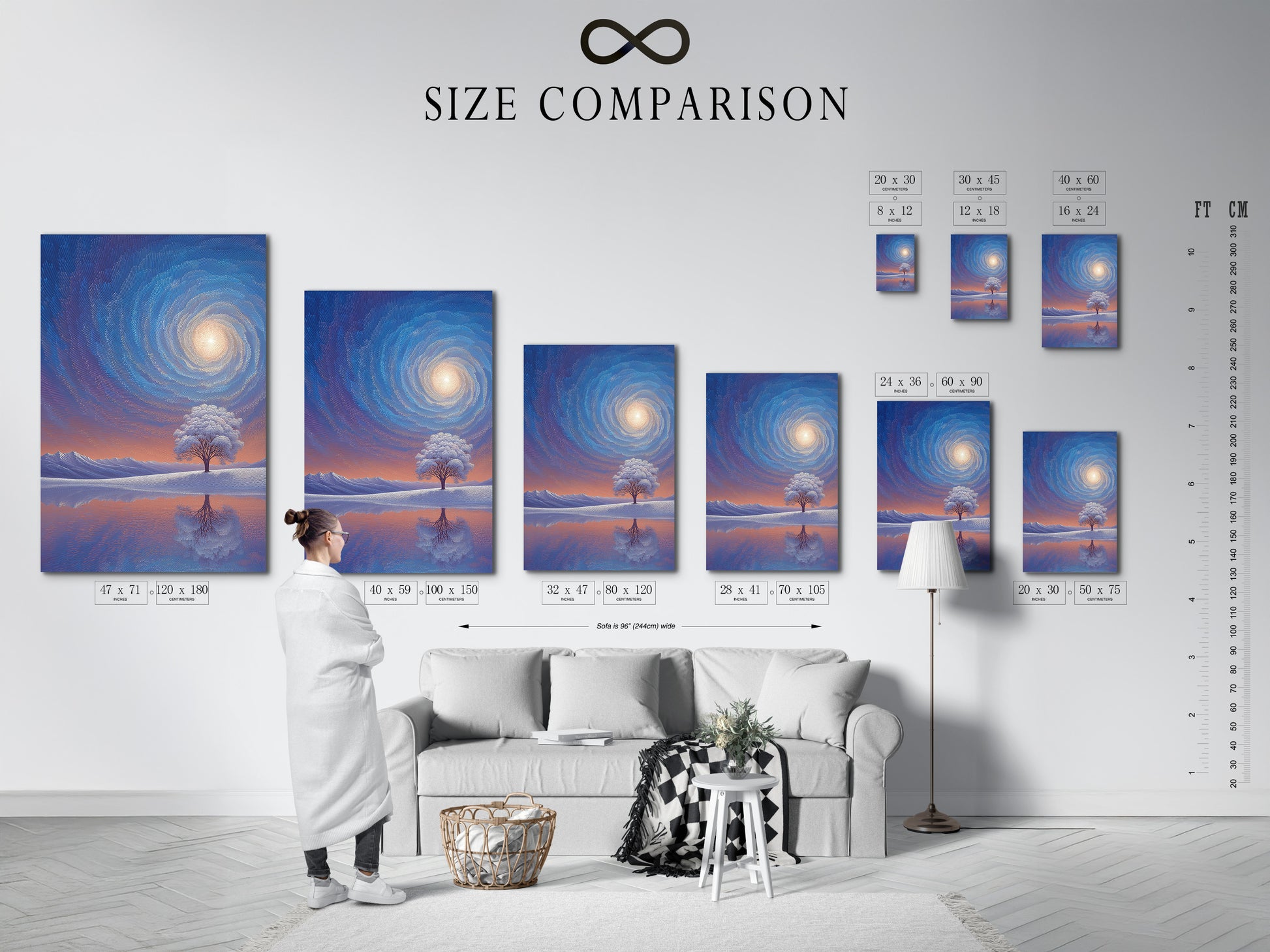 A size comparison chart displayed in an interior setting. The chart helps visualize art print dimensions. See how different sizes fit various wall spaces. It is perfect for planning your home gallery or office decor. Choose the ideal size to maximize your artwork's impact. Get the perfect fit for your space.