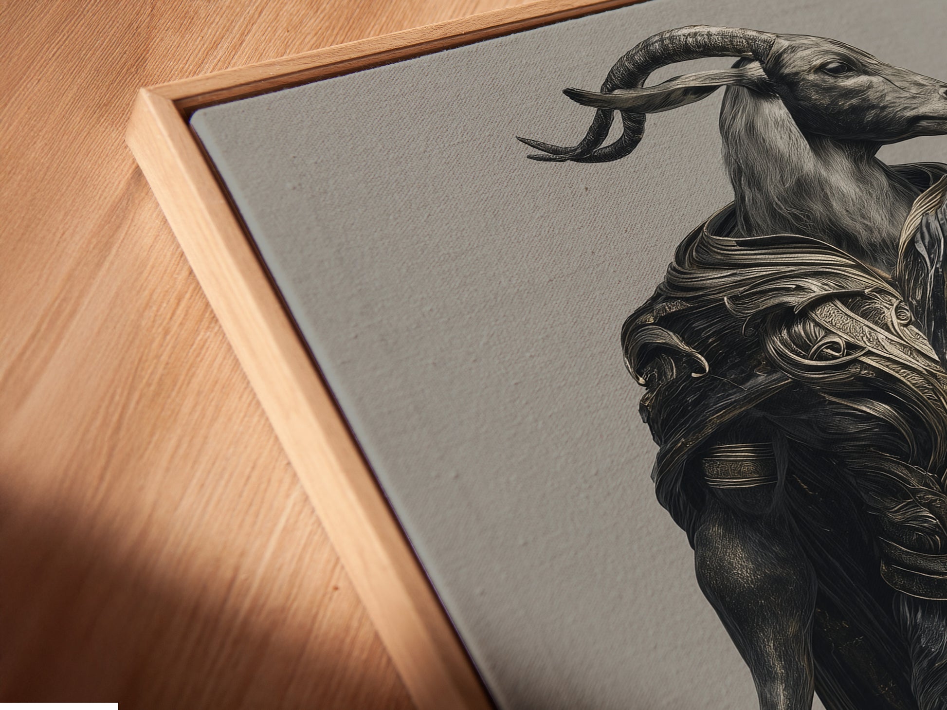 Angled close up of a canvas print. The Justice Scales Goat artwork is in a floating frame. This gothic style art enhances any room. Ideal for lawyers judges and law students seeking unique decor.
