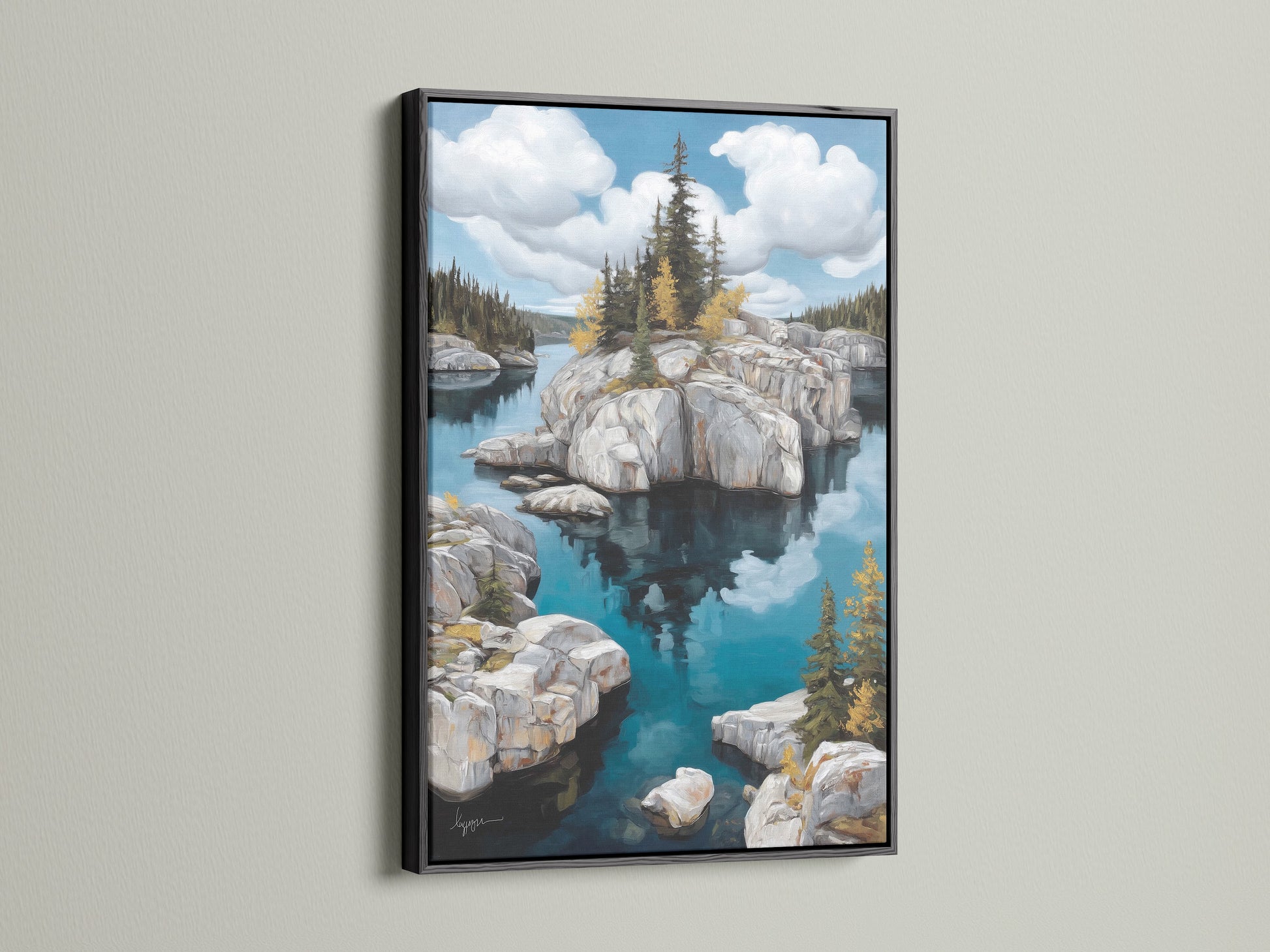 Add a touch of elegance to your bedroom with a lake landscape canvas print. This stunning piece is displayed in a black frame. The water reflection in this outdoor scenery artwork adds depth. Perfect for creating a tranquil retreat in your home.