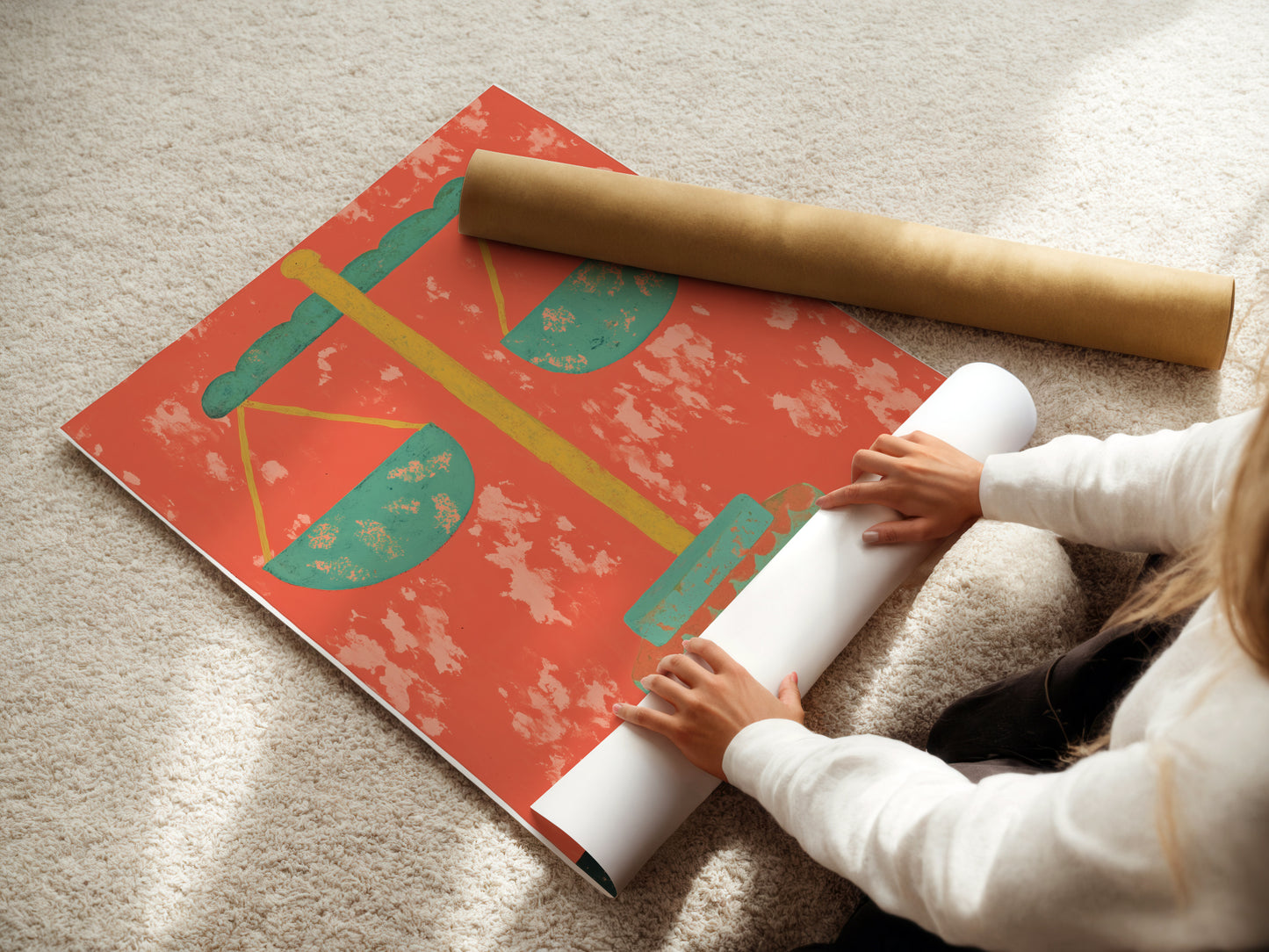 A woman carefully rolls a fine art poster paper. The Justice Scales artwork is printed on it. This poster is perfect for framing. It is ideal for legal offices and studies. The vintage-style legal print makes a thoughtful gift. It features orange and green Mid-Century colors.